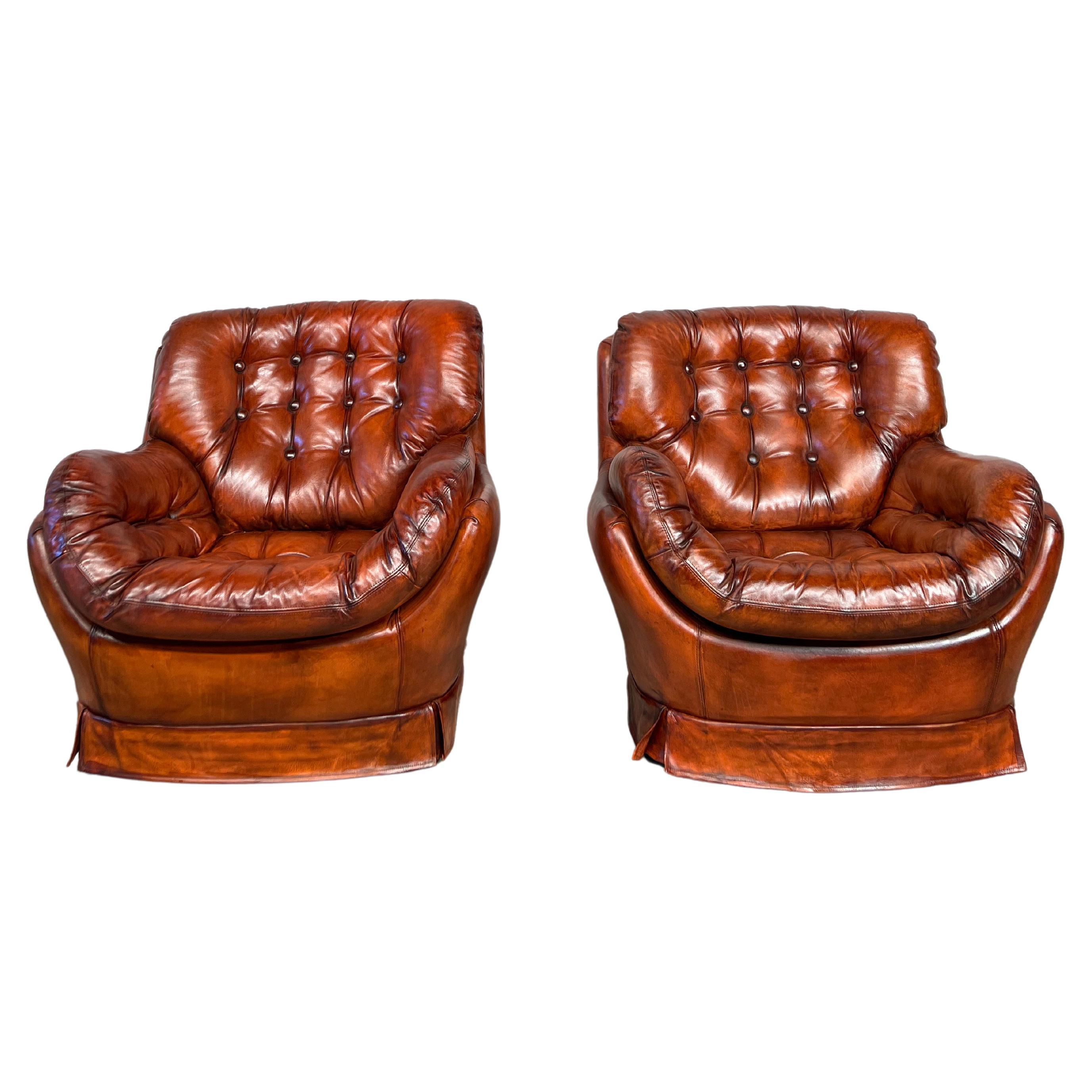 Pair of Leather Egg Chairs Swedish 70 S Cognac Leather Vintage Mid C Retro #438