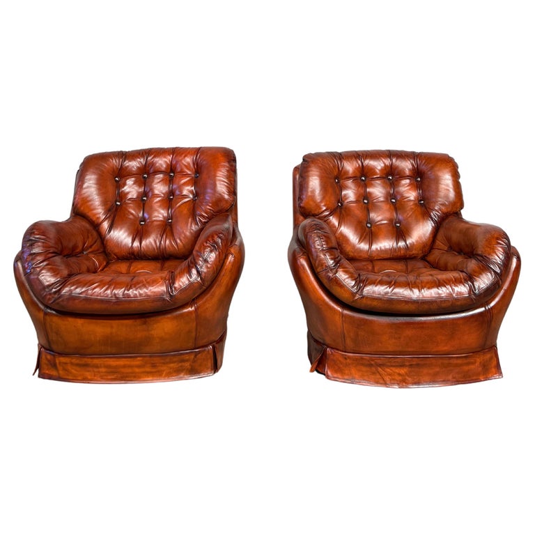 Pair of Leather Egg Chairs Swedish 70 S Cognac Leather Vintage Mid C