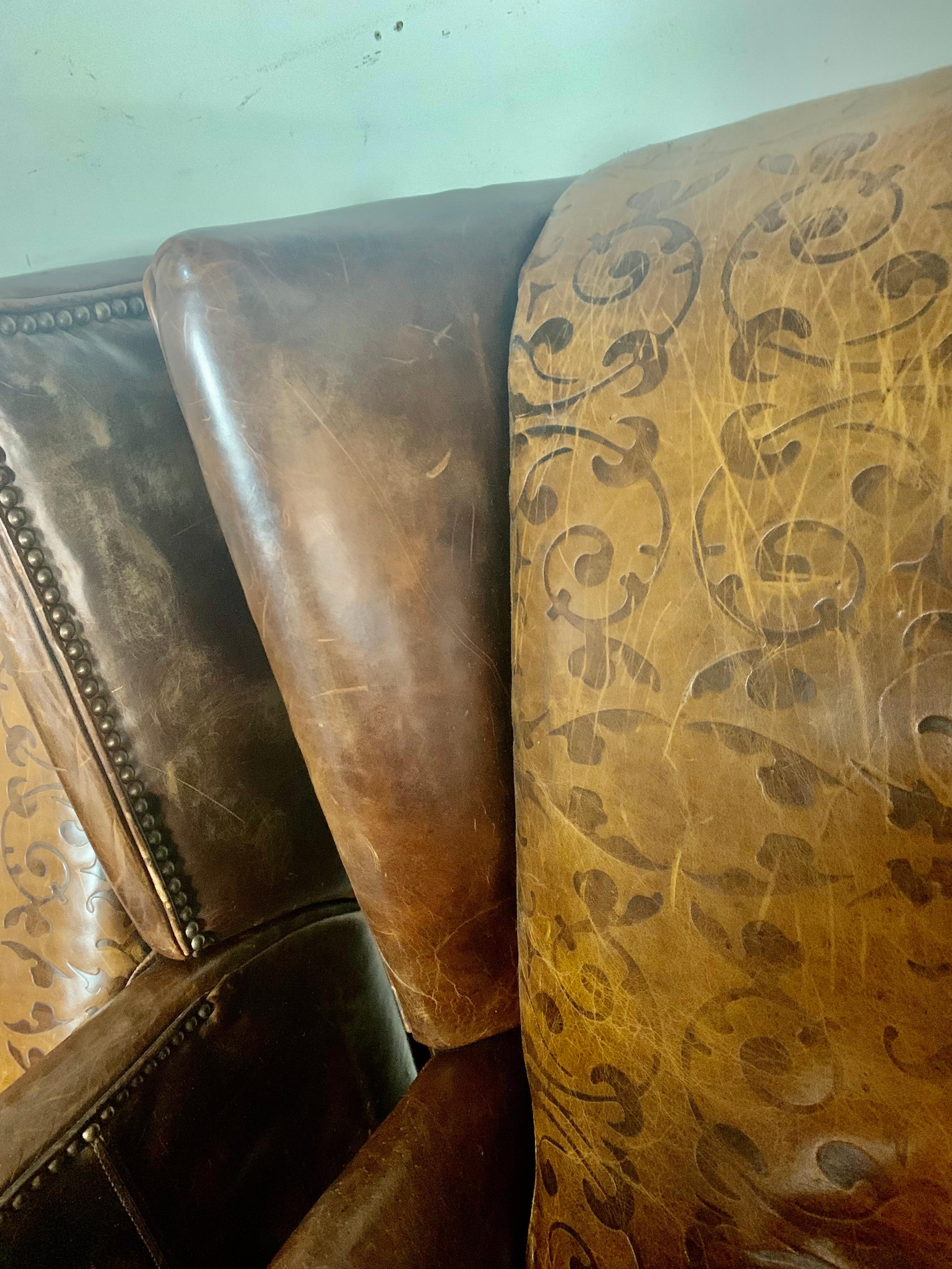 Pair of Leather Embossed Armchairs / Recliners, 20th Century 7