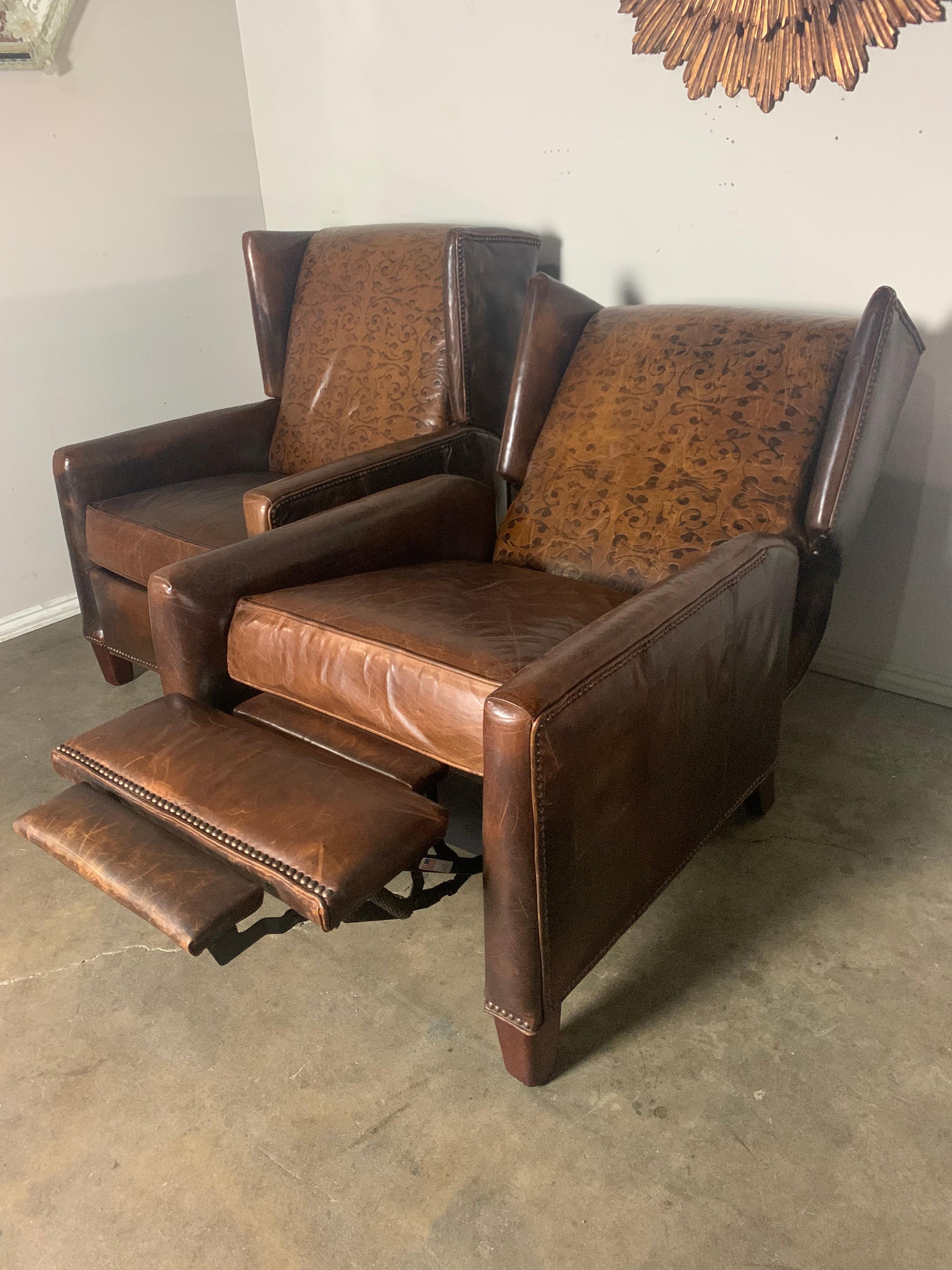 Mid-Century Modern Pair of Leather Embossed Armchairs / Recliners, 20th Century