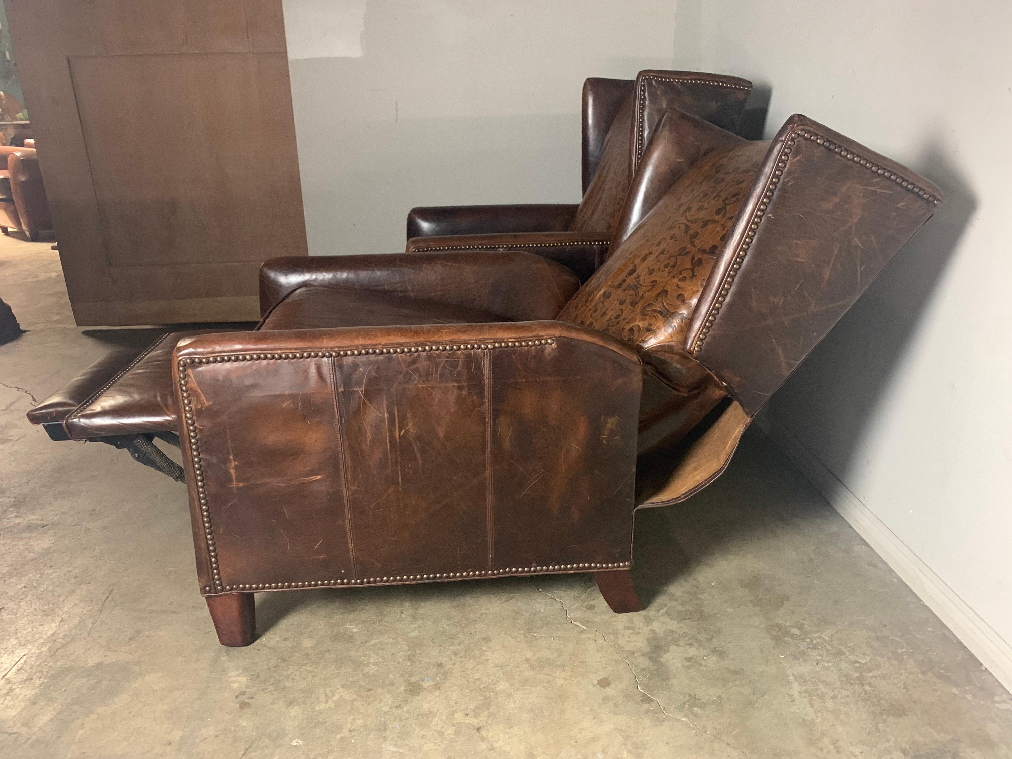 Italian Pair of Leather Embossed Armchairs / Recliners, 20th Century
