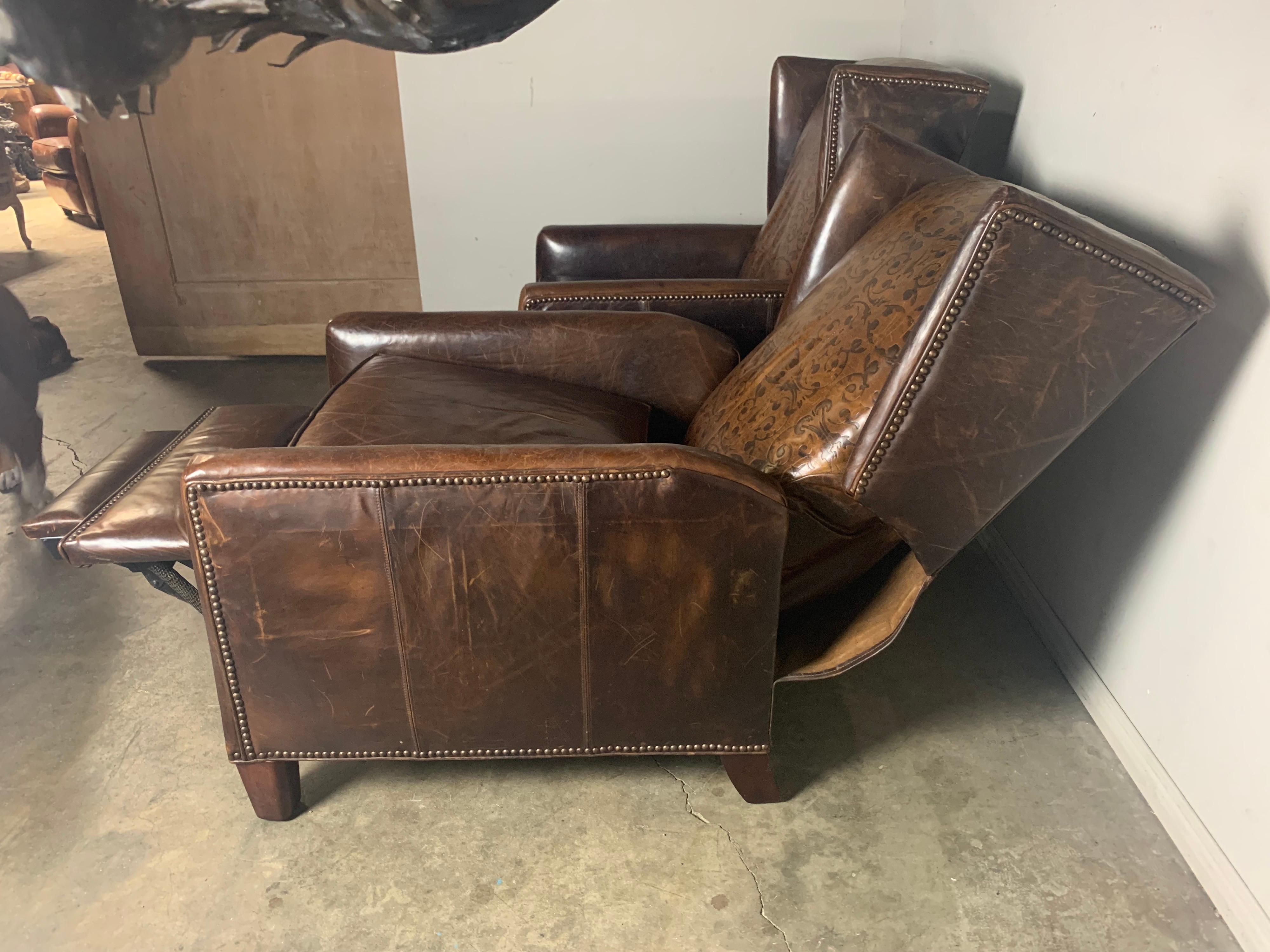 Pair of Leather Embossed Armchairs / Recliners, 20th Century 1
