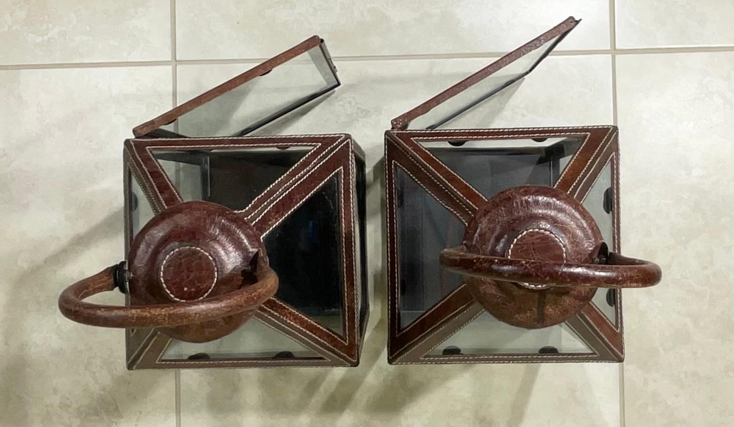 Pair Of Leather Faux Trim Candle Lantern  For Sale 4