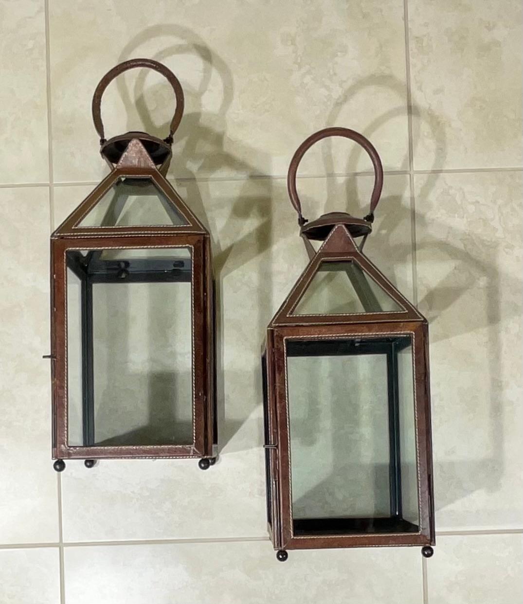 Pair Of Leather Faux Trim Candle Lantern  For Sale 5