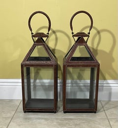 Pair Of Leather Faux Trim Candle Lantern