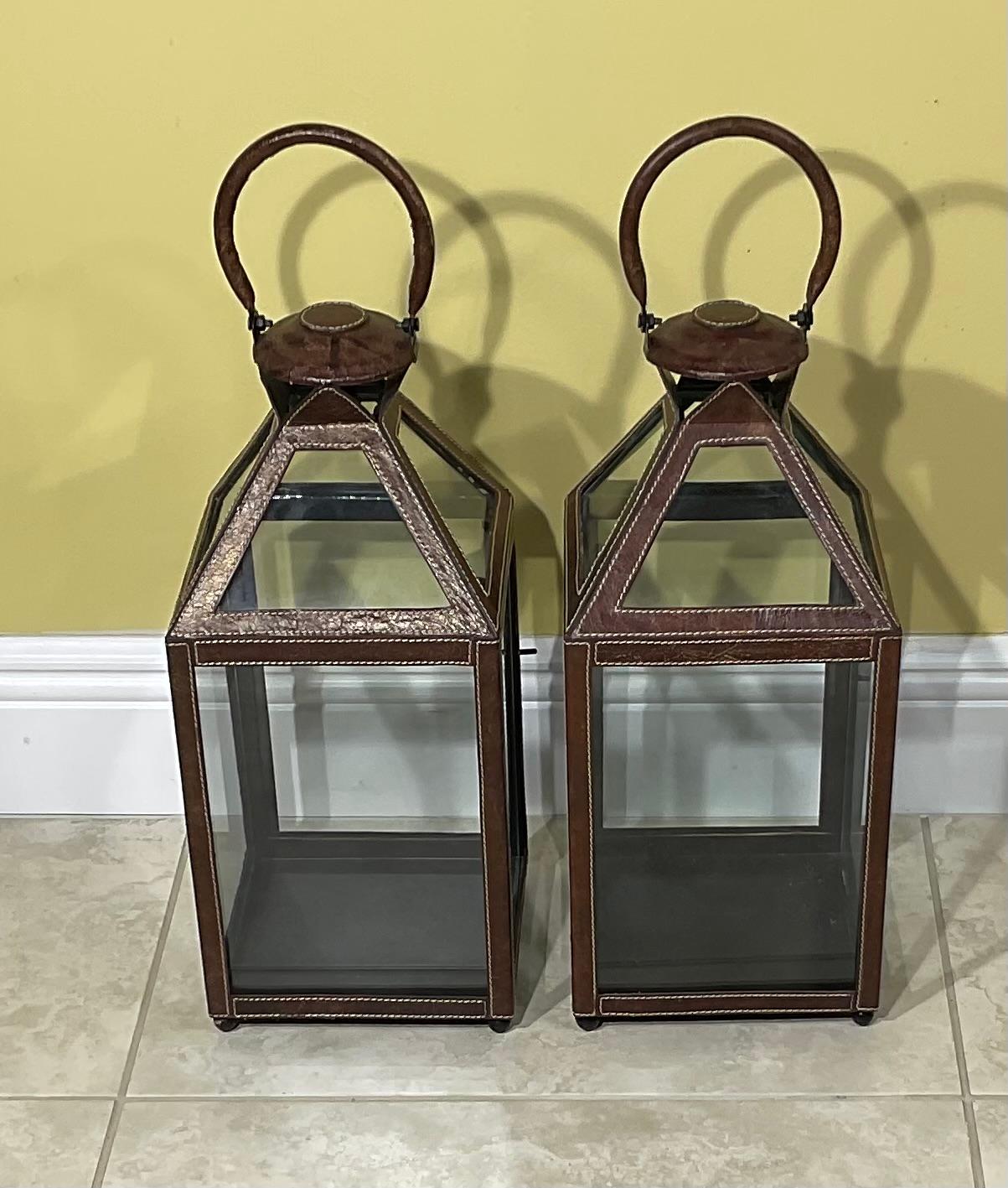 Unknown Pair Of Leather Faux Trim Candle Lantern  For Sale