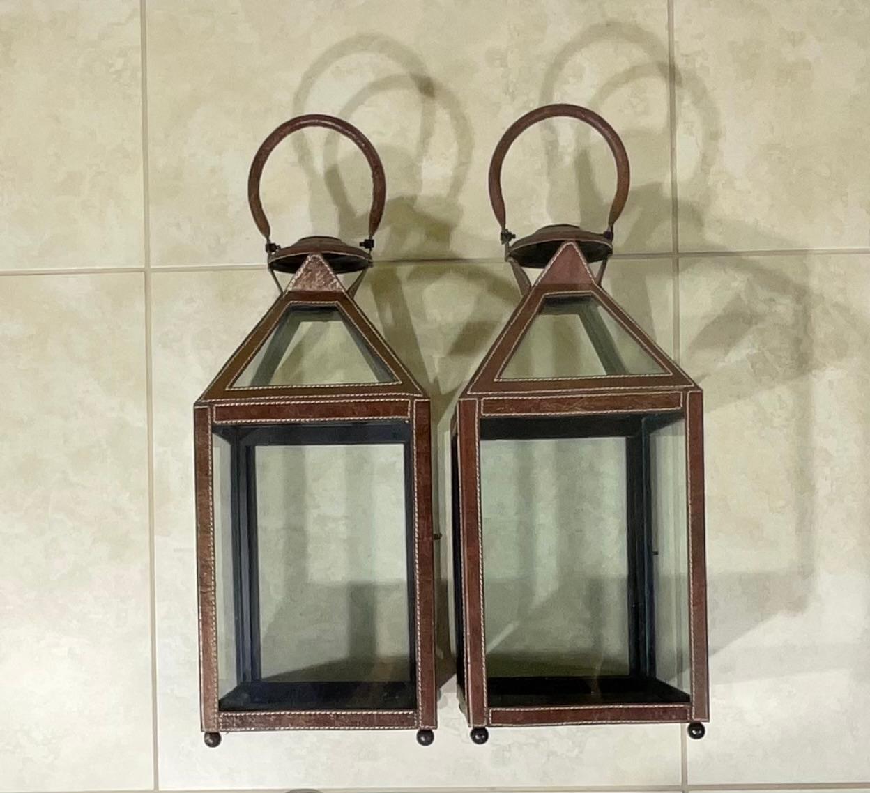 Hand-Crafted Pair Of Leather Faux Trim Candle Lantern  For Sale