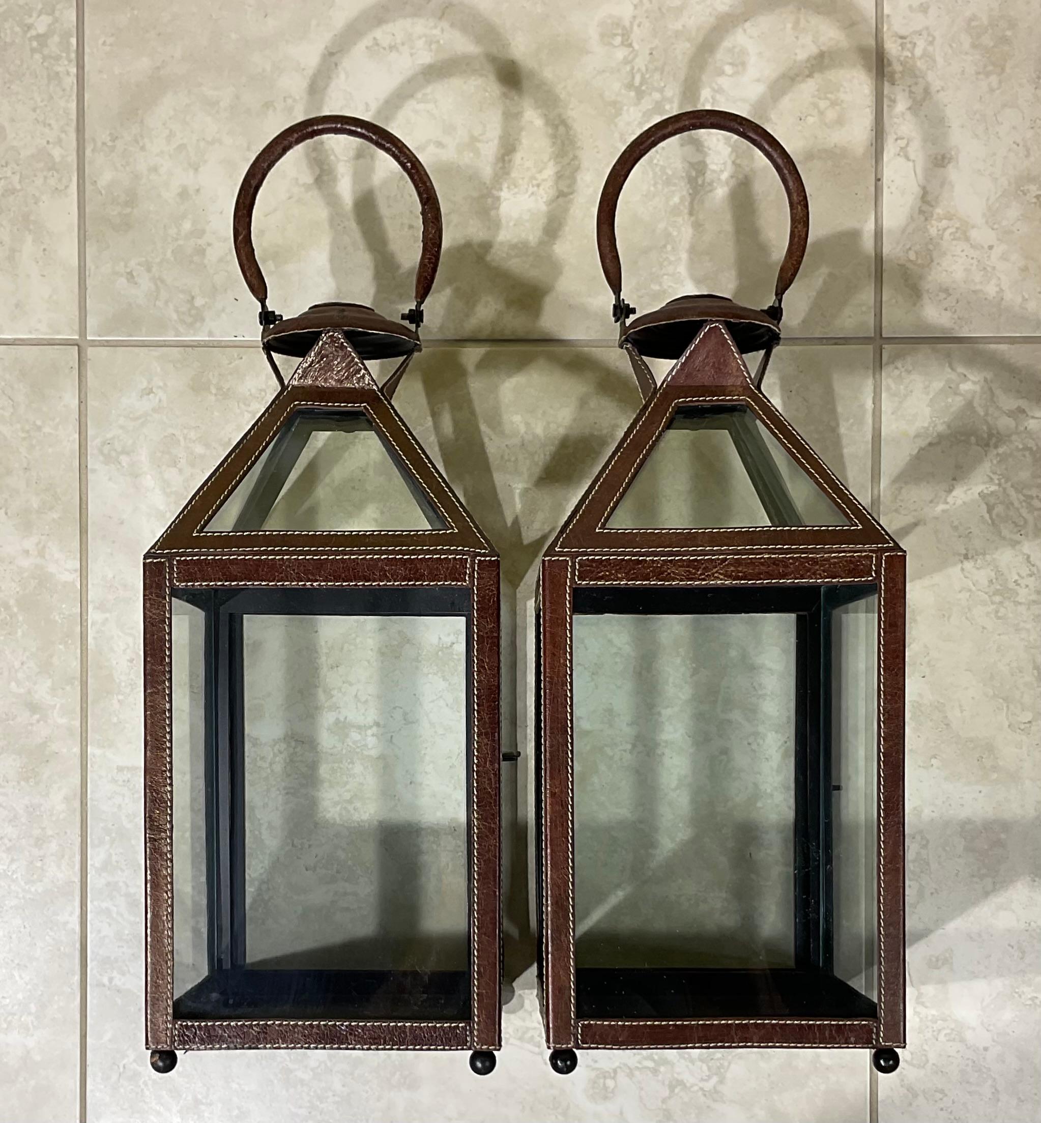 Pair Of Leather Faux Trim Candle Lantern  In Good Condition For Sale In Delray Beach, FL