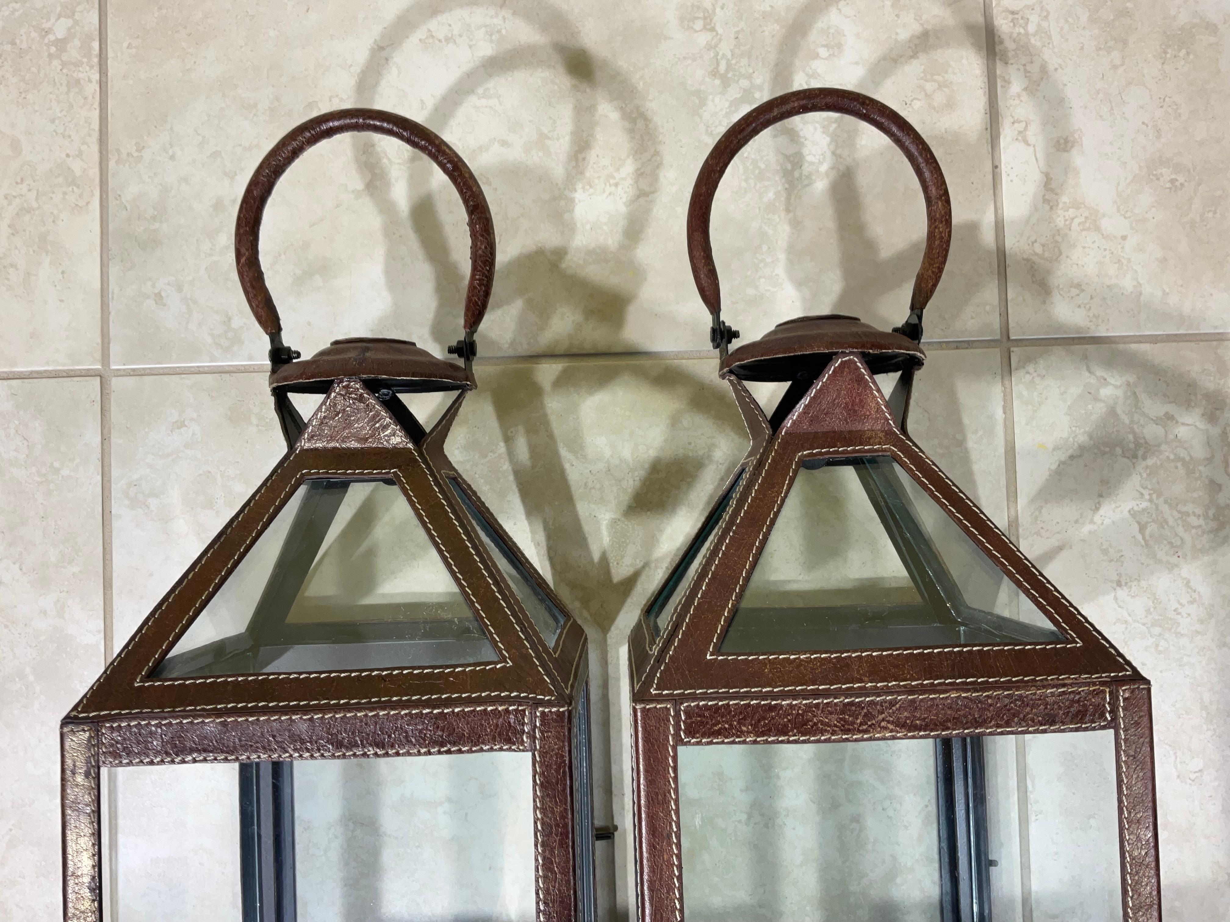 Contemporary Pair Of Leather Faux Trim Candle Lantern  For Sale