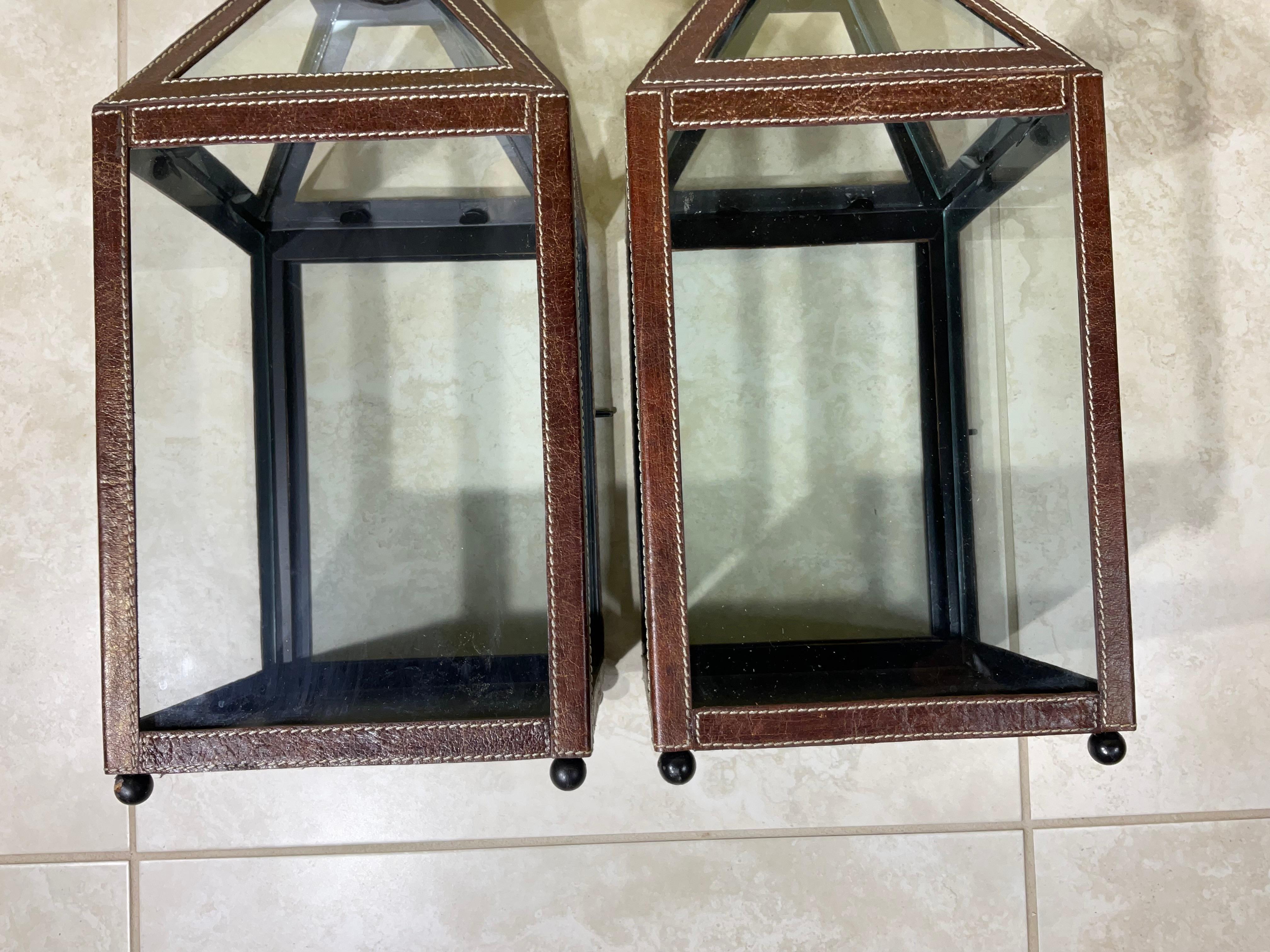 Metal Pair Of Leather Faux Trim Candle Lantern  For Sale