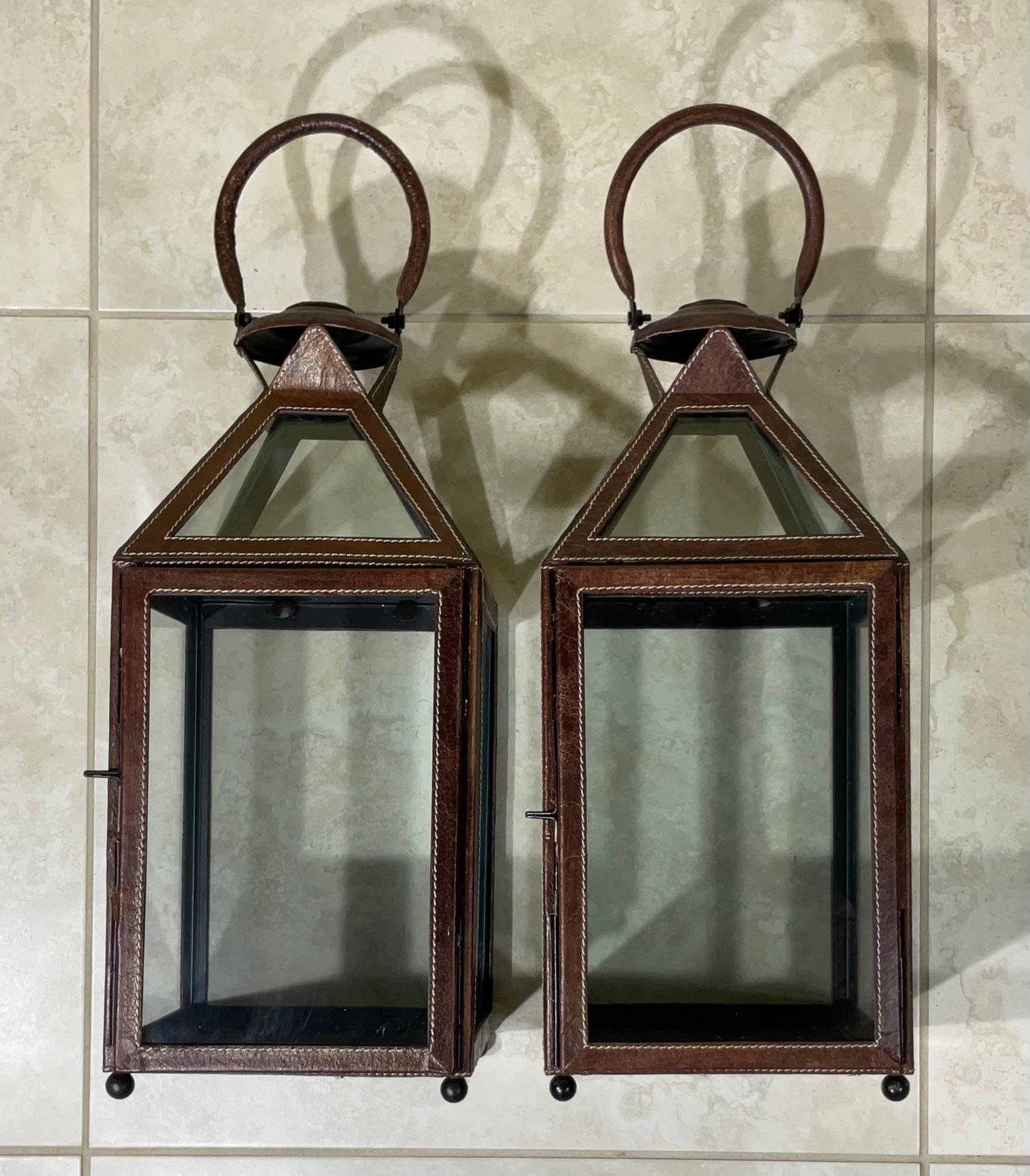 Pair Of Leather Faux Trim Candle Lantern  For Sale 1
