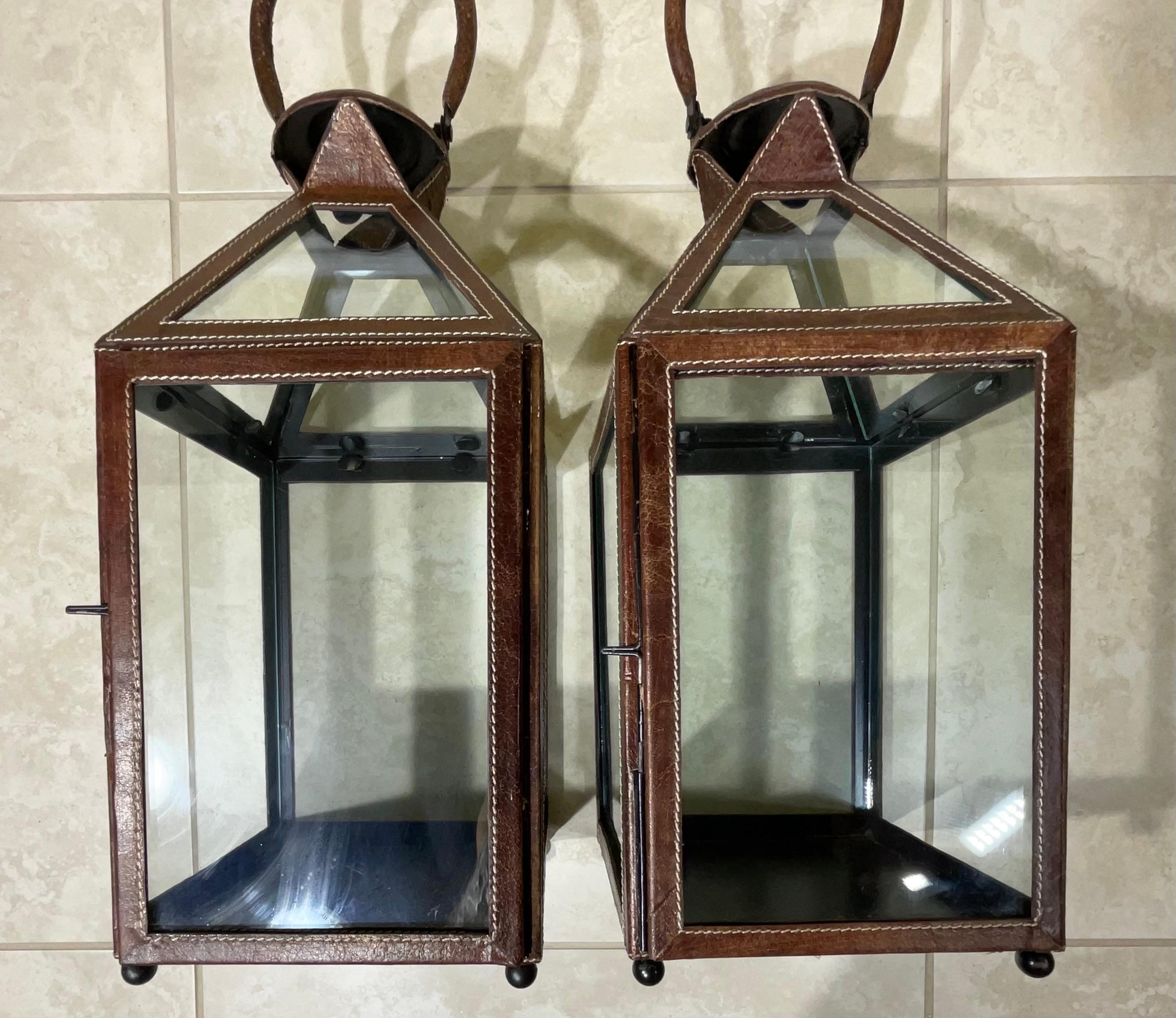 Pair Of Leather Faux Trim Candle Lantern  For Sale 2