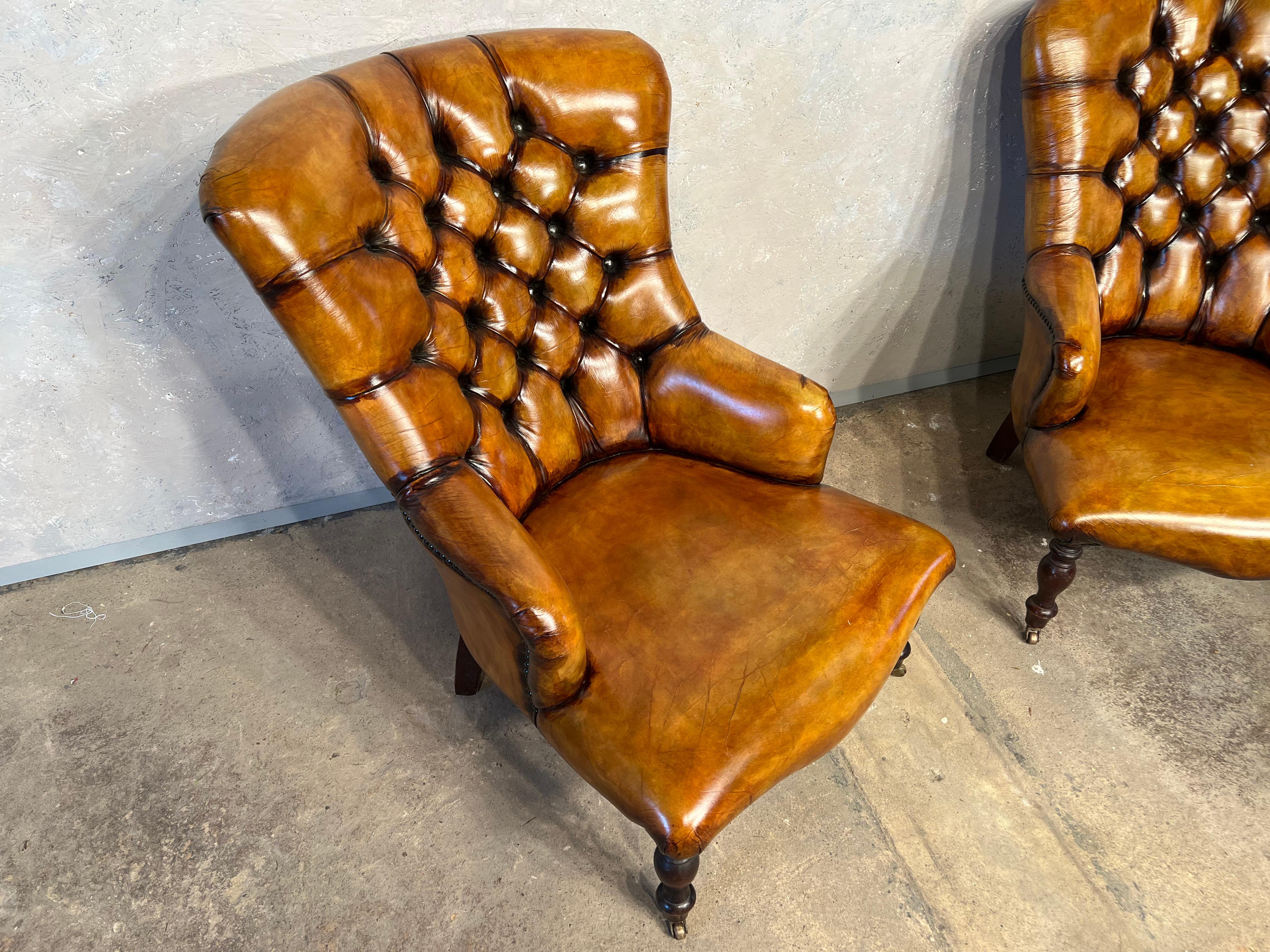 Pair of Leather Fireside Chairs Chesterfield Antique Tan Colour Mid-Century #391 In Good Condition For Sale In Lewes, GB