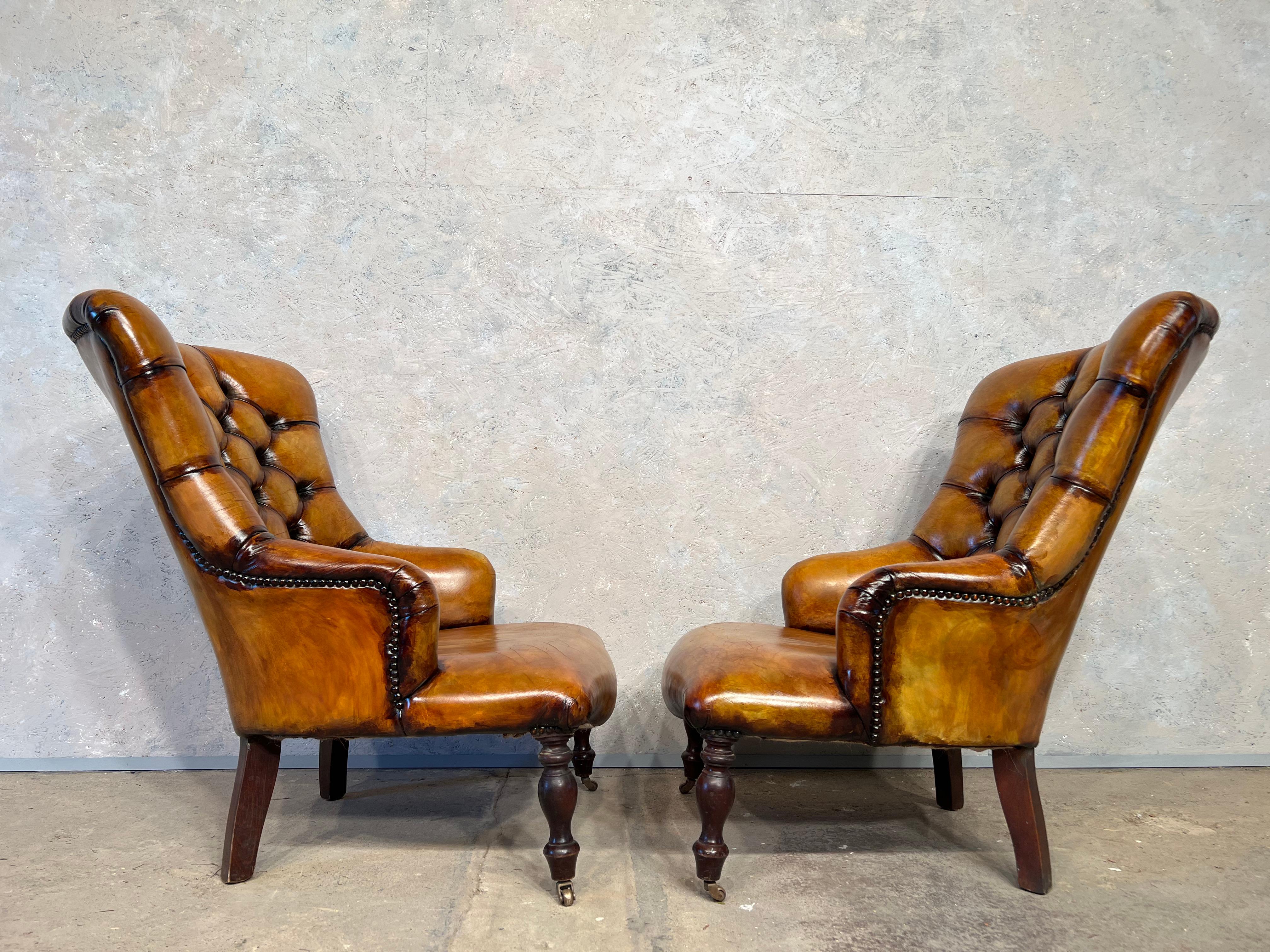 20th Century Pair of Leather Fireside Chairs Chesterfield Antique Tan Colour Mid-Century #391 For Sale
