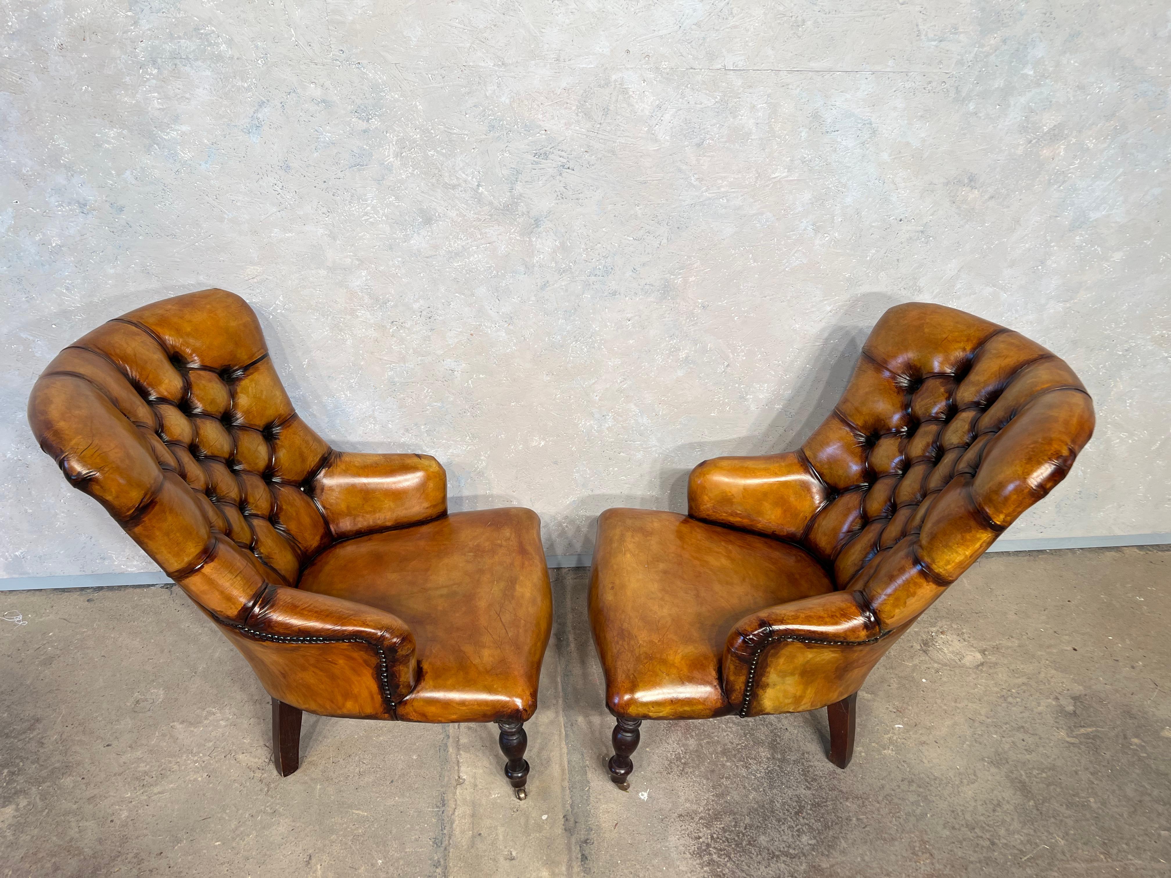 Pair of Leather Fireside Chairs Chesterfield Antique Tan Colour Mid-Century #391 For Sale 1