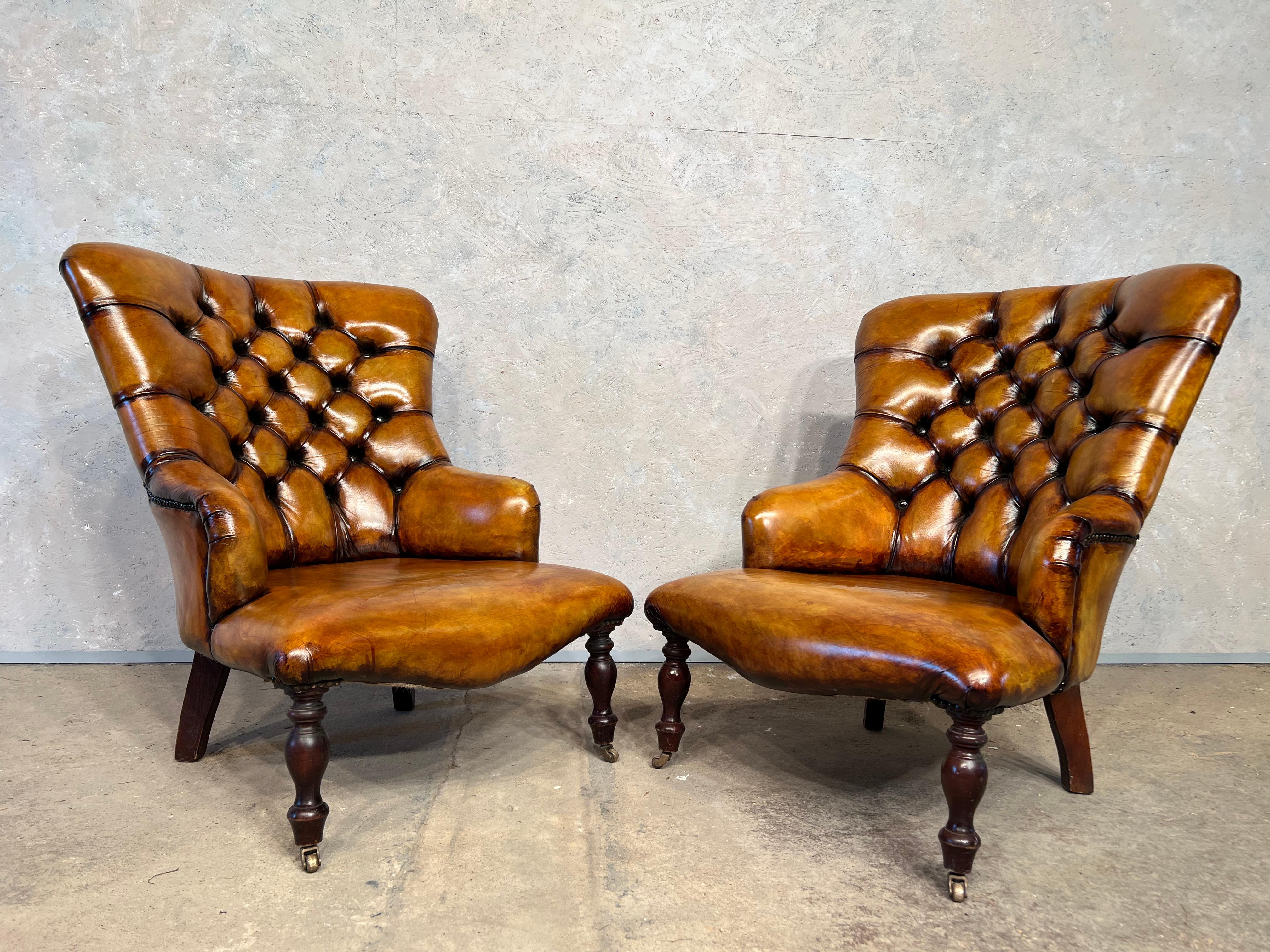 Pair of Leather Fireside Chairs Chesterfield Antique Tan Colour Mid-Century #391 For Sale 2