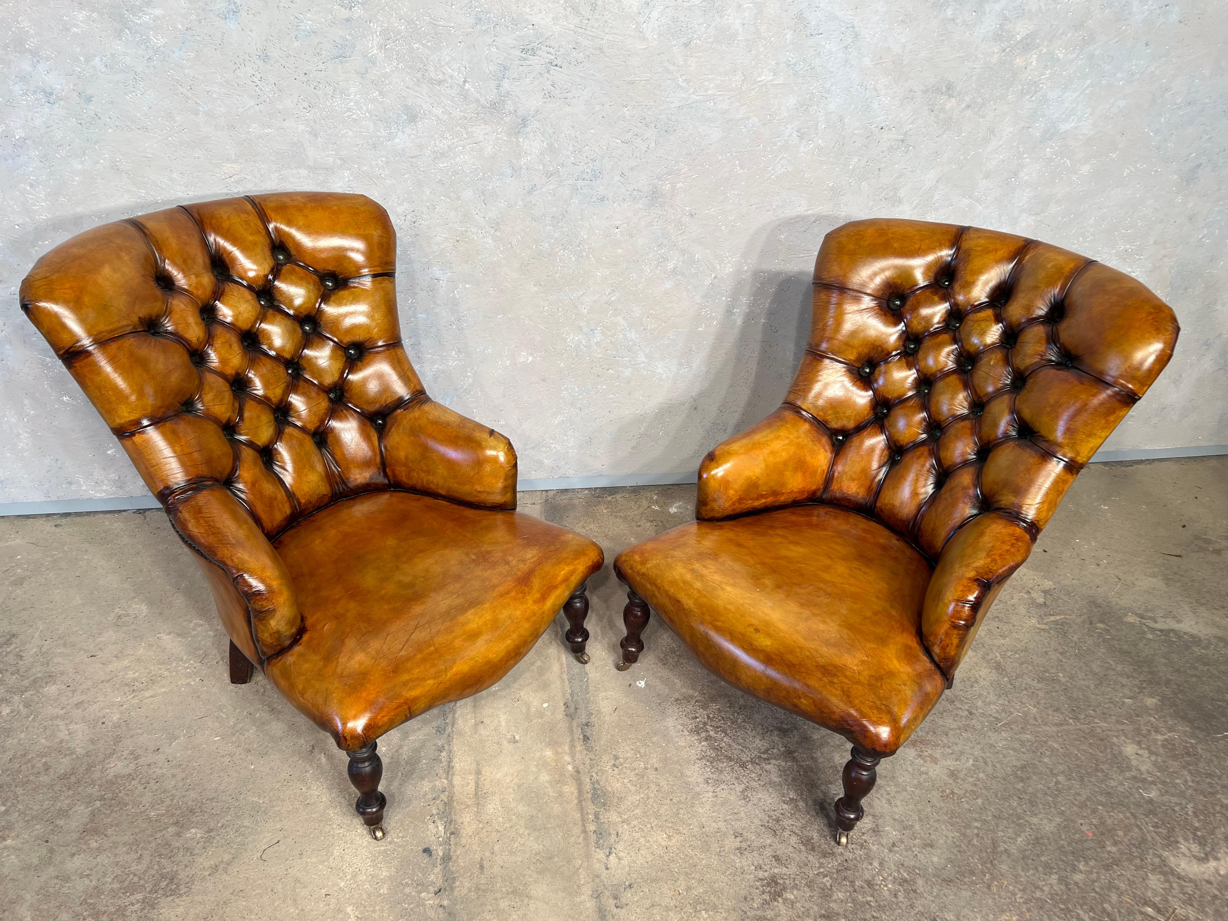 Pair of Leather Fireside Chairs Chesterfield Antique Tan Colour Mid-Century #391 For Sale 3