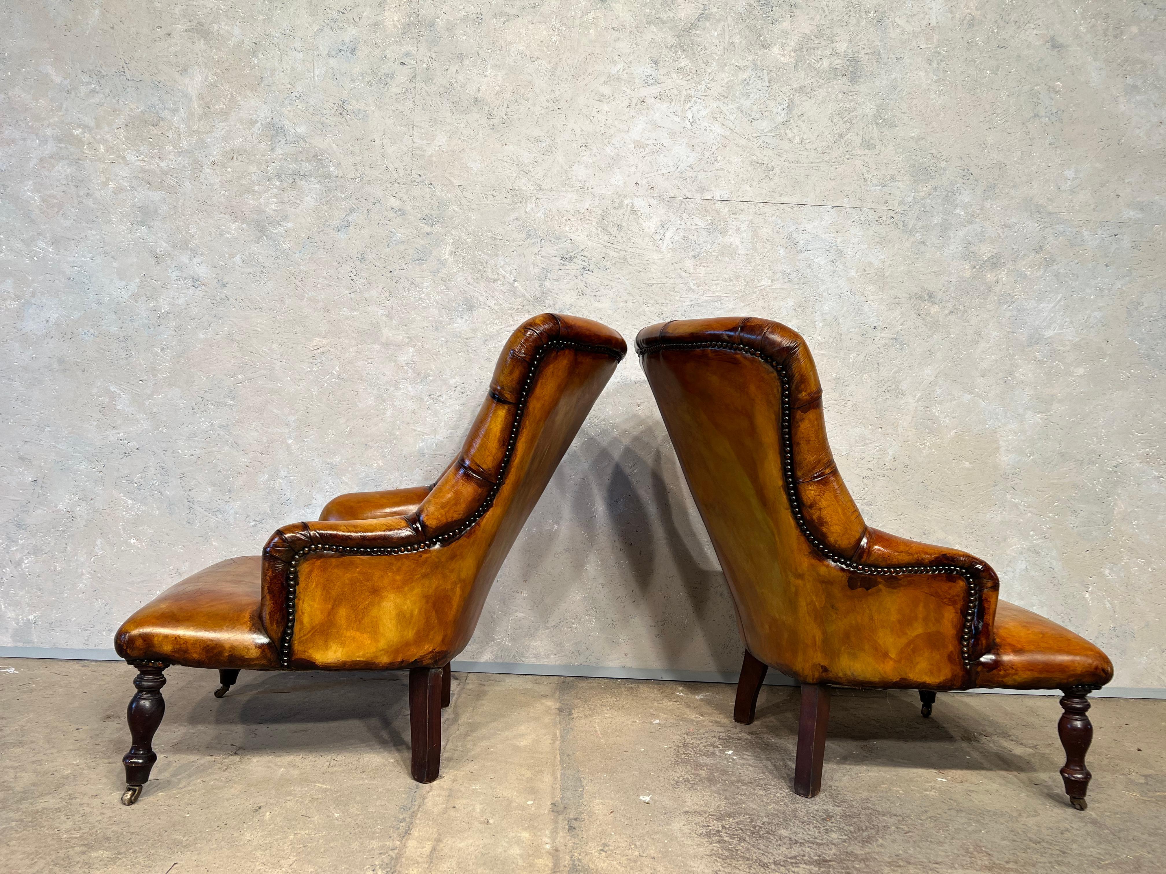 Pair of Leather Fireside Chairs Chesterfield Antique Tan Colour Mid-Century #391 For Sale 4