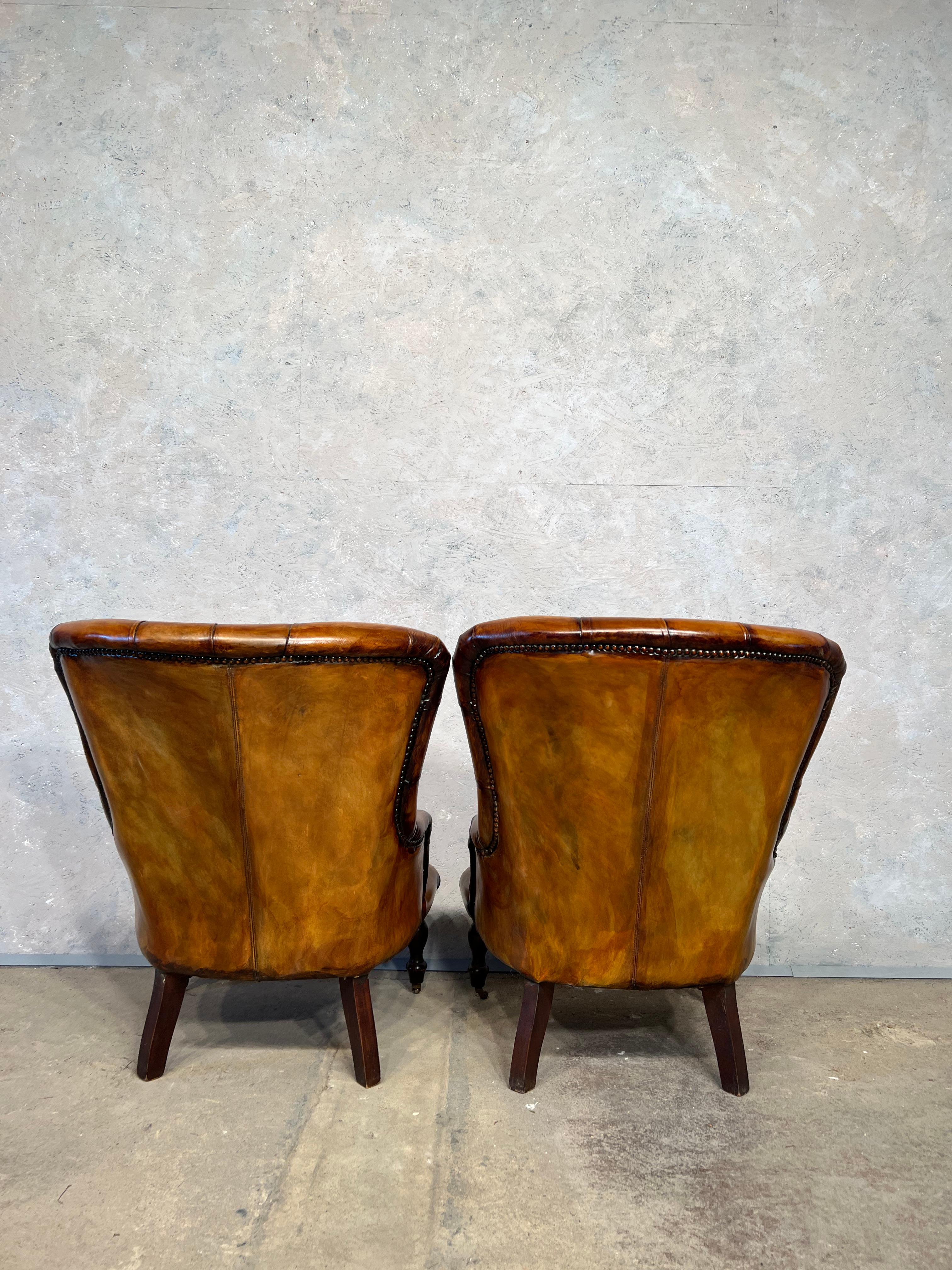 Pair of Leather Fireside Chairs Chesterfield Antique Tan Colour Mid-Century #391 For Sale 5