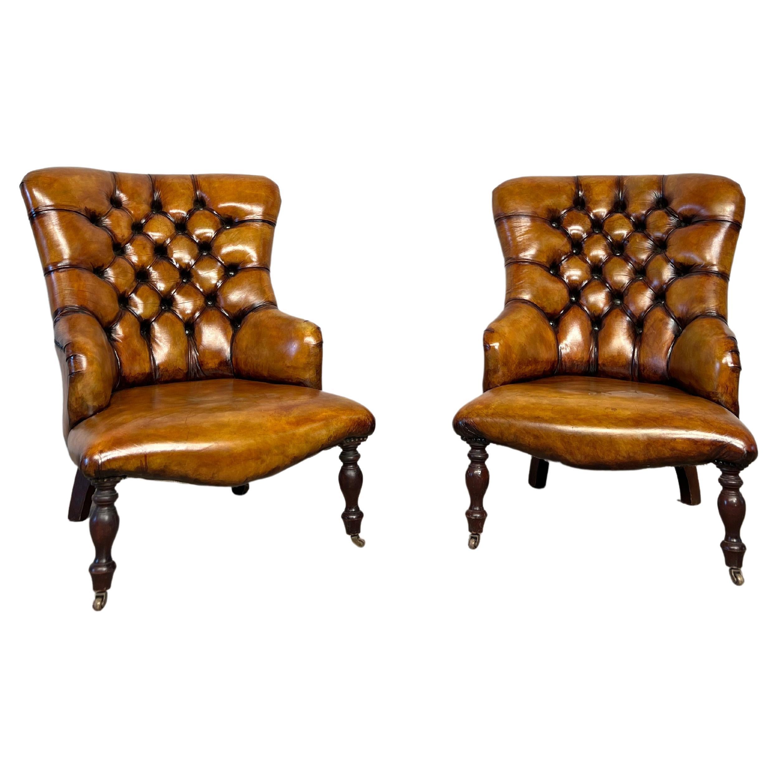 Pair of Leather Fireside Chairs Chesterfield Antique Tan Colour Mid-Century #391 For Sale