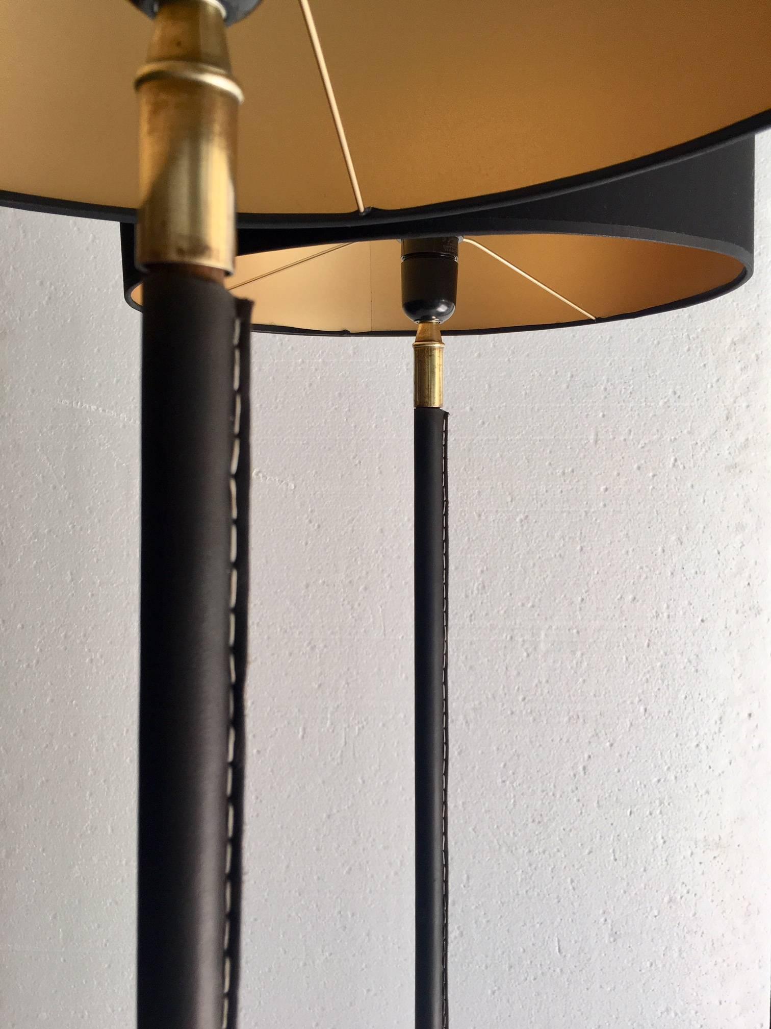 Brass Pair of Leather Floor Lamps, J.Adnet Style