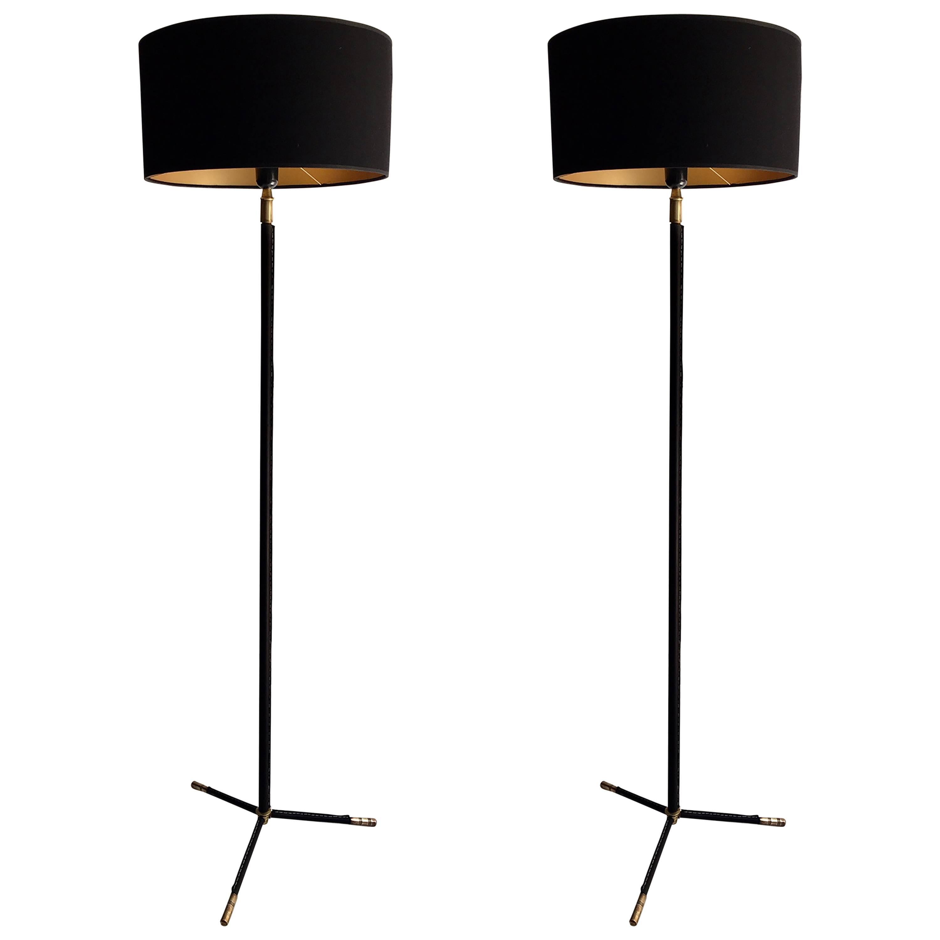 Pair of Leather Floor Lamps, J.Adnet Style