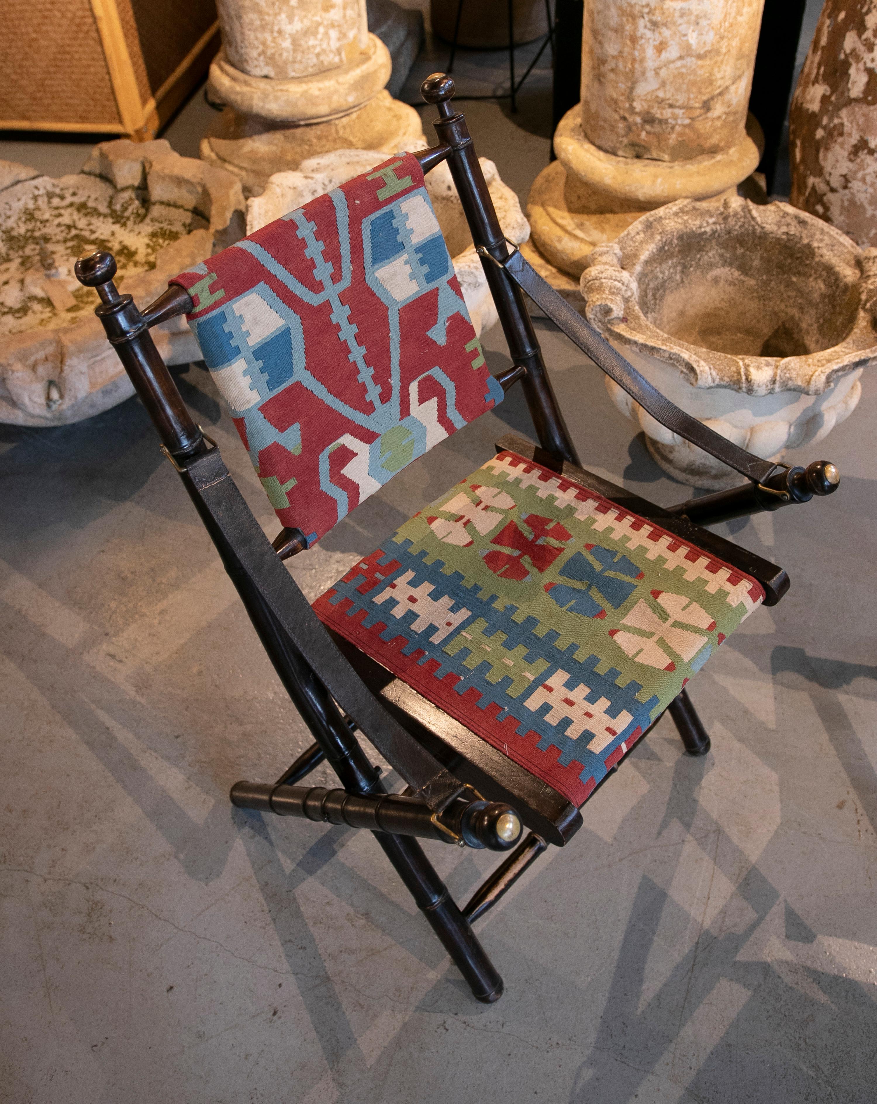 Pair of Leather Folding Chairs with Hand-Stitched Kilim Seat and Backrest 11