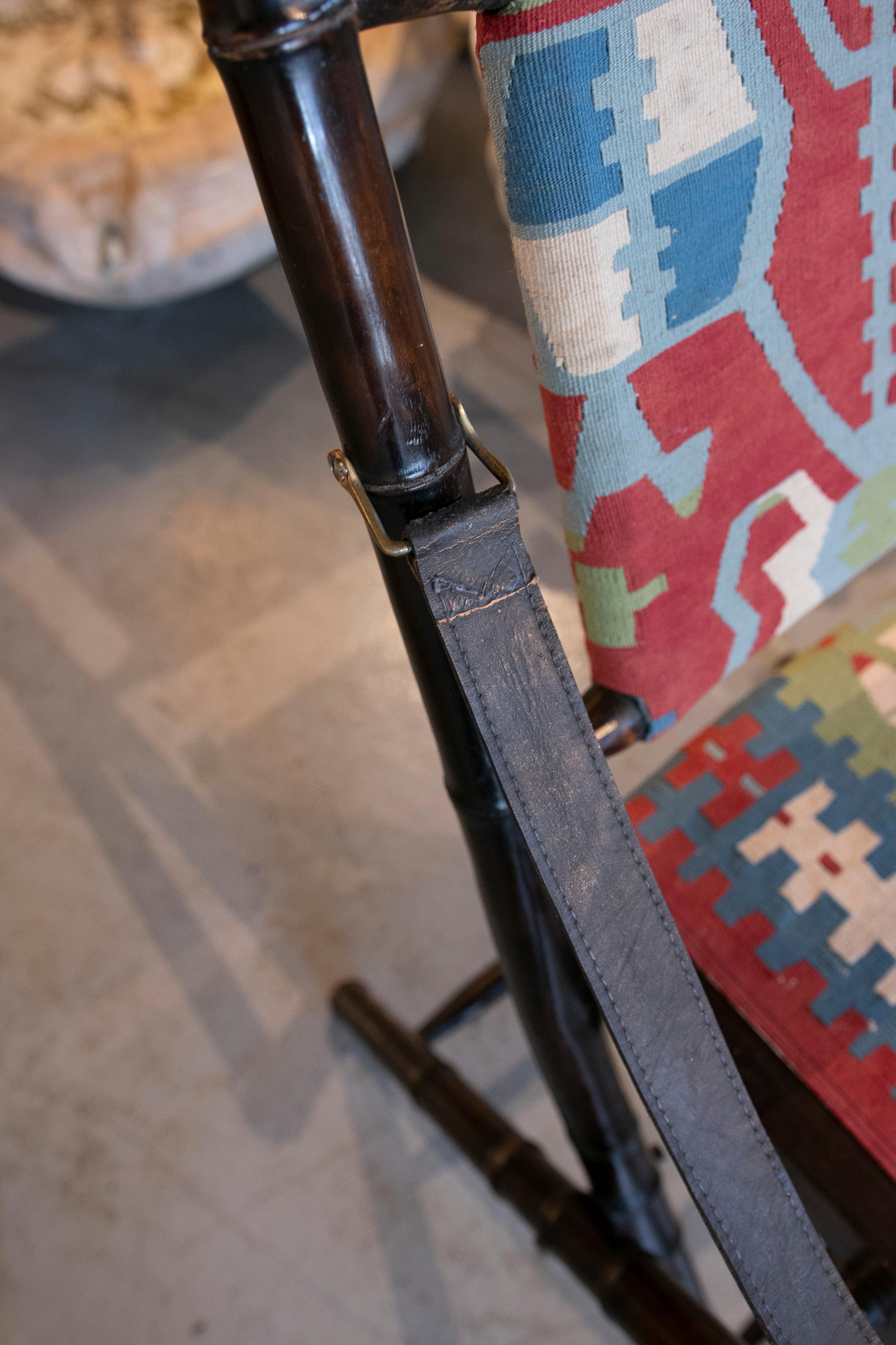 Pair of Leather Folding Chairs with Hand-Stitched Kilim Seat and Backrest 12