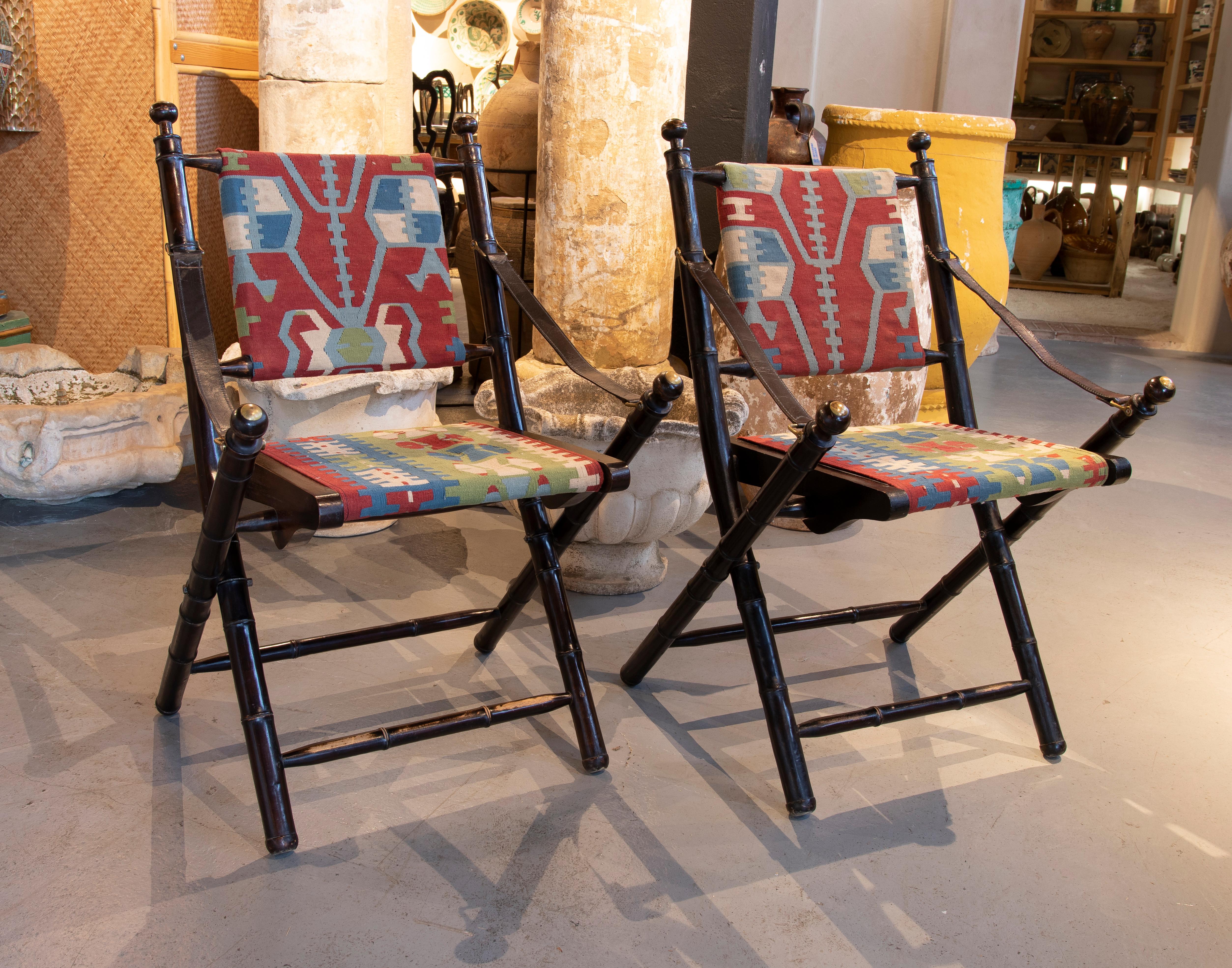 Spanish Pair of Leather Folding Chairs with Hand-Stitched Kilim Seat and Backrest