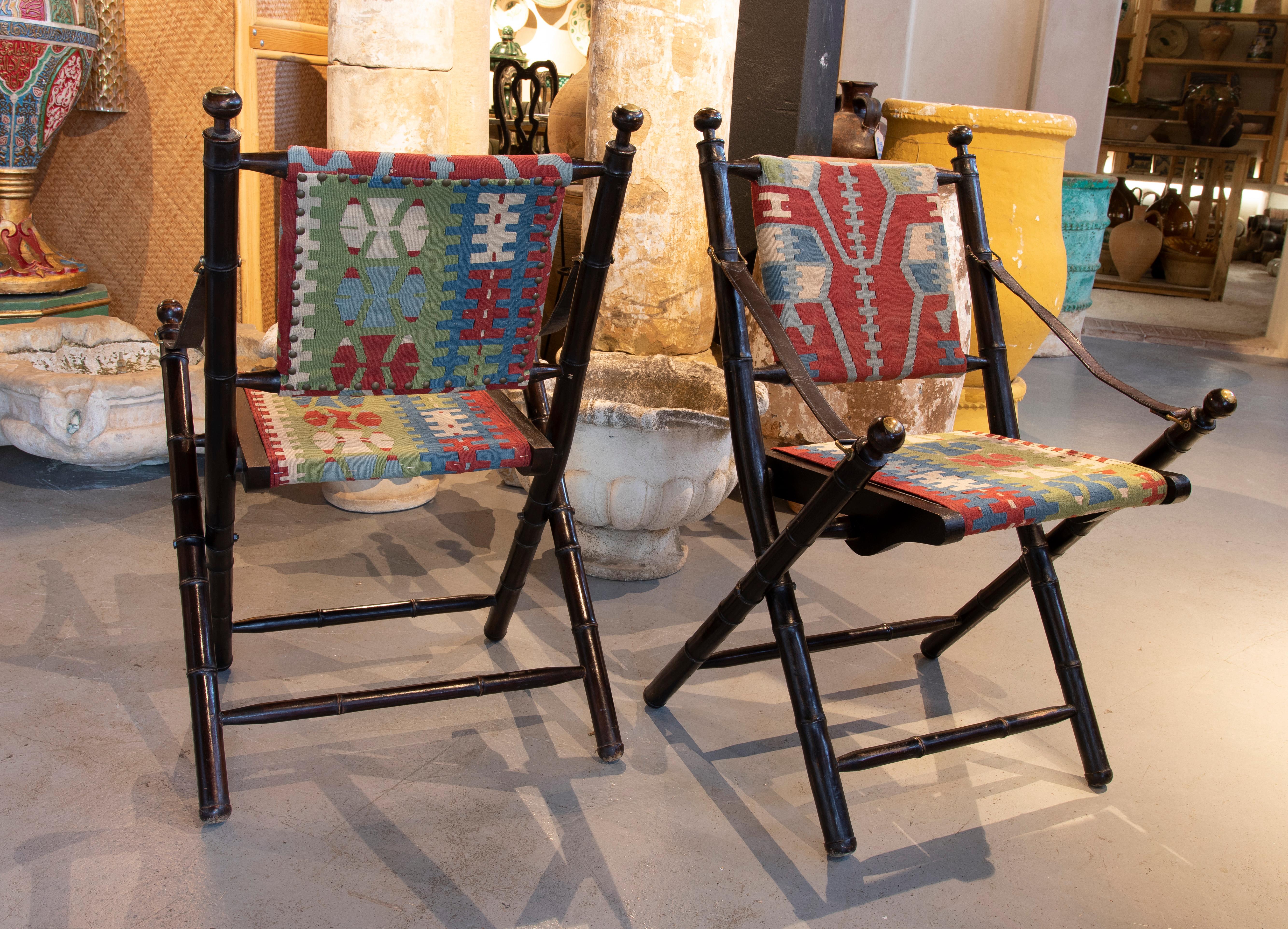 Late 20th Century Pair of Leather Folding Chairs with Hand-Stitched Kilim Seat and Backrest