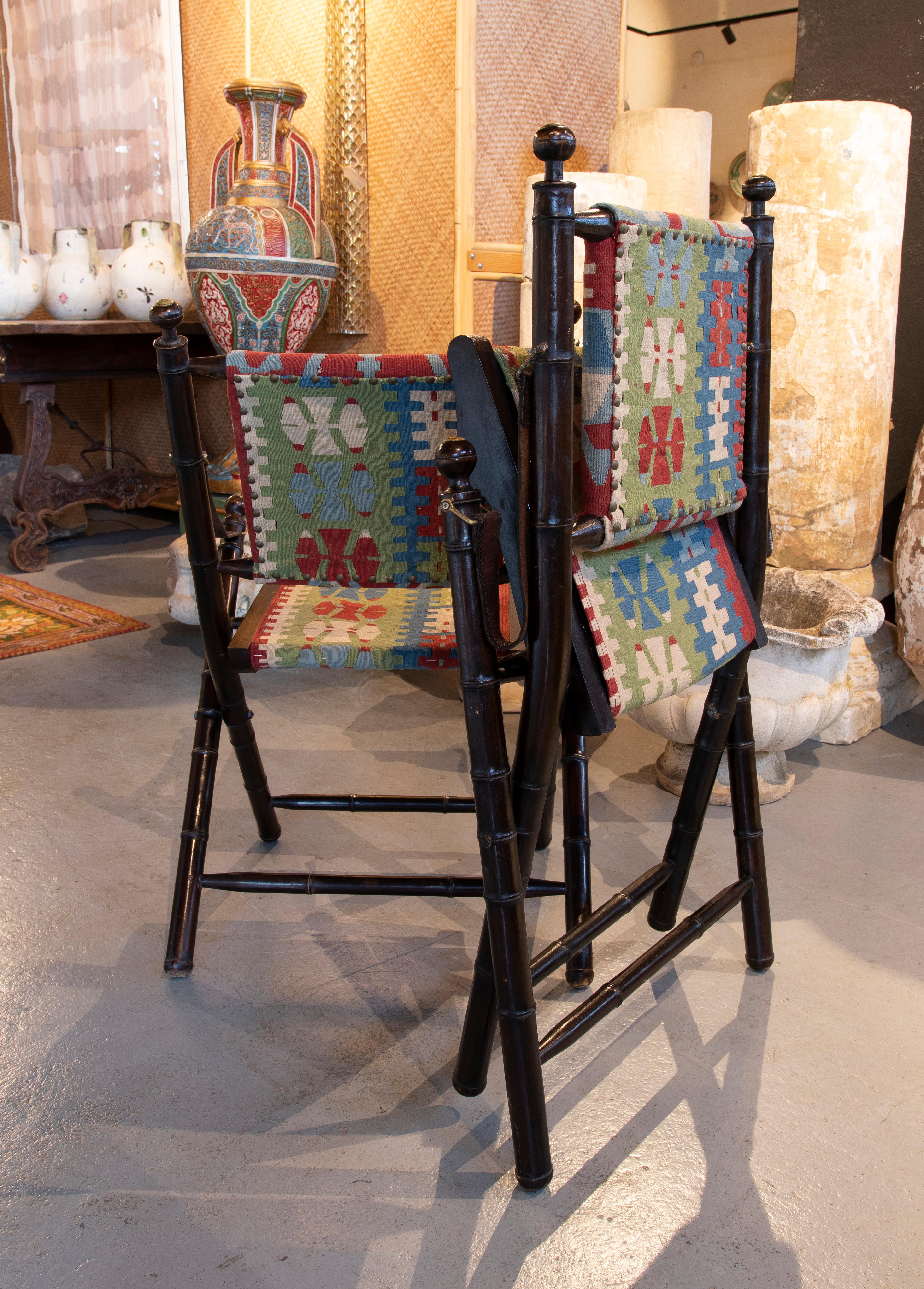 Pair of Leather Folding Chairs with Hand-Stitched Kilim Seat and Backrest 1