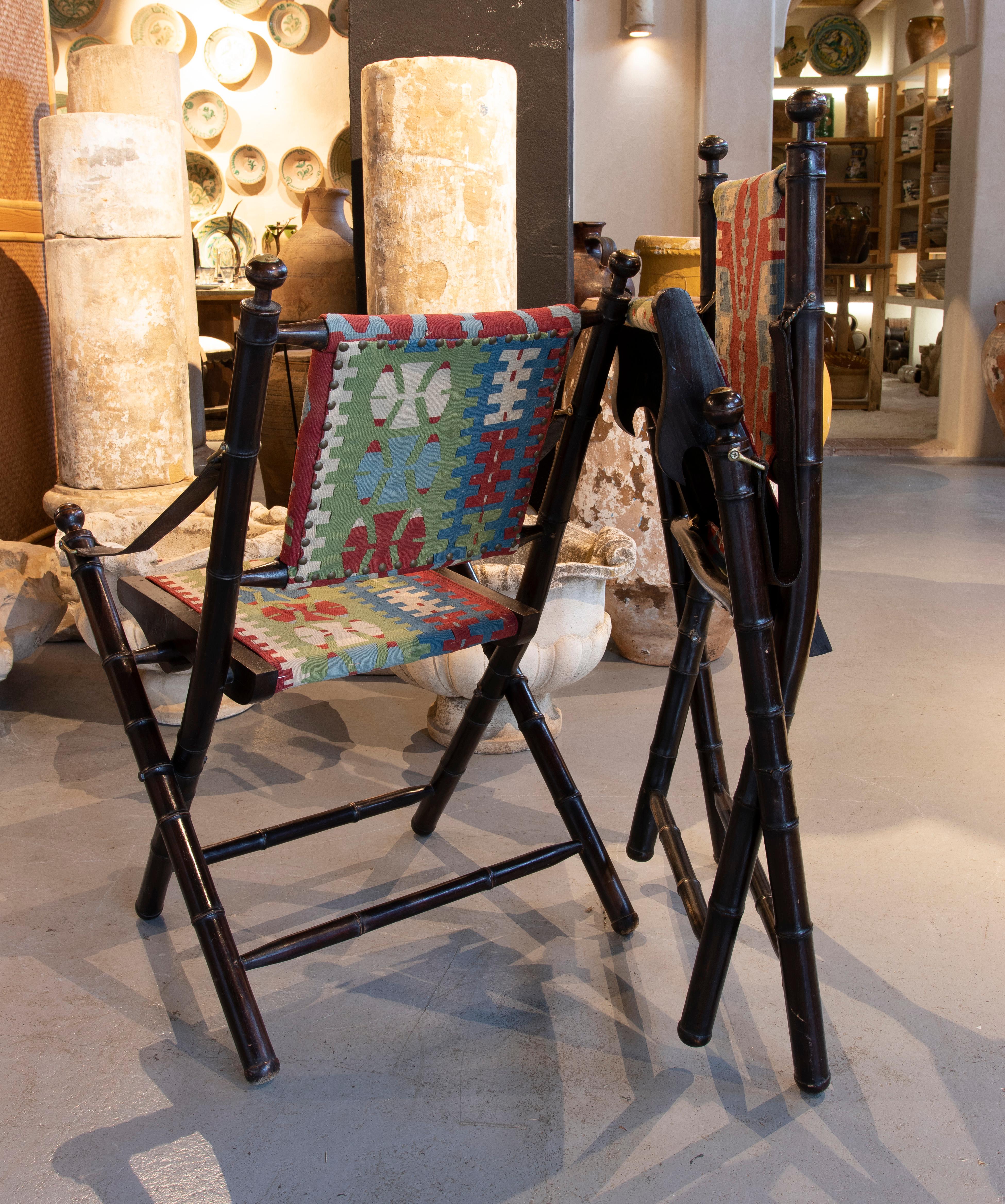 Pair of Leather Folding Chairs with Hand-Stitched Kilim Seat and Backrest 2