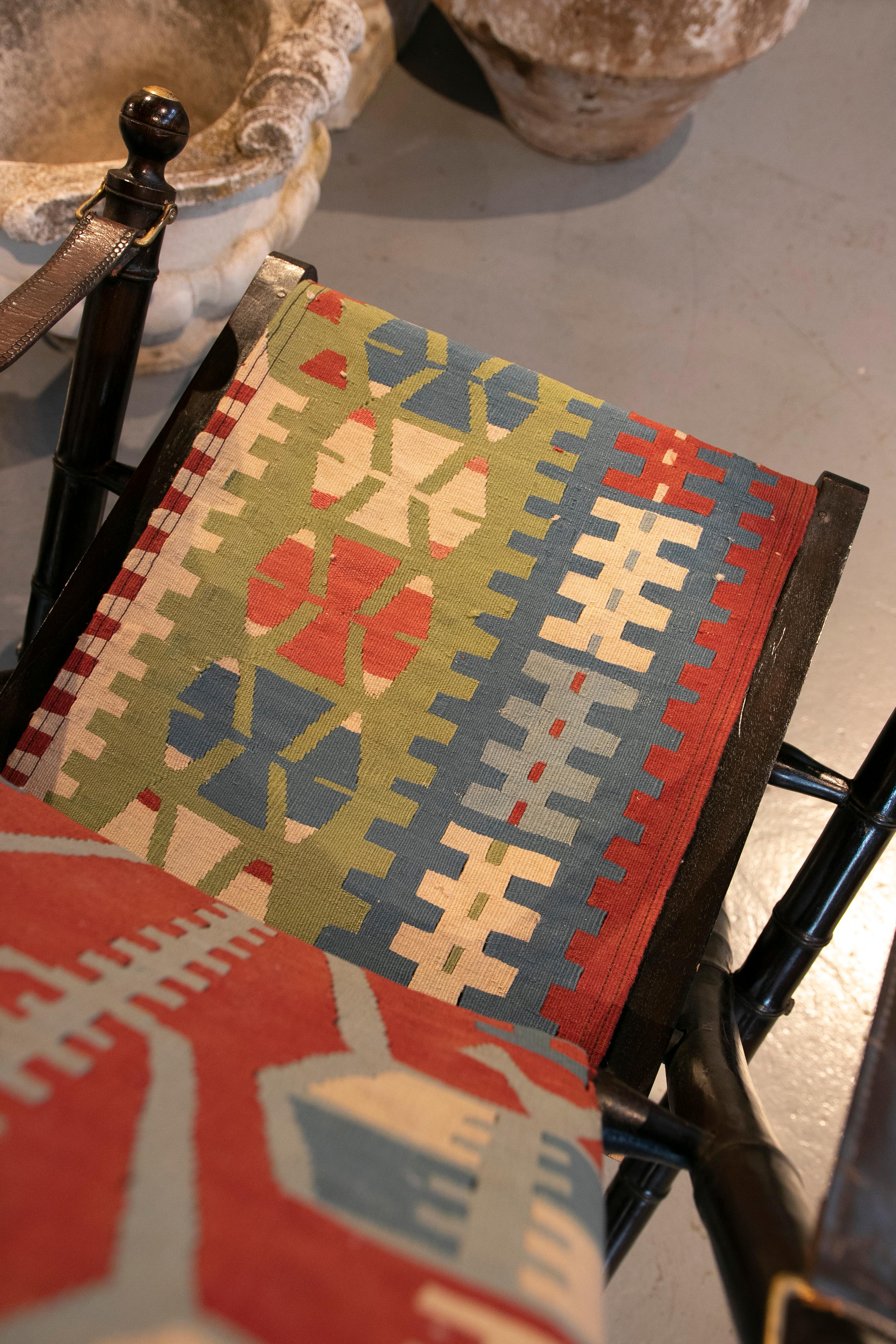 Pair of Leather Folding Chairs with Hand-Stitched Kilim Seat and Backrest 5