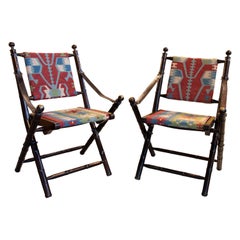 Pair of Leather Folding Chairs with Hand-Stitched Kilim Seat and Backrest