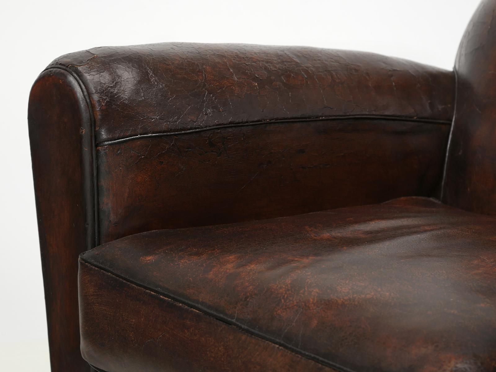Pair of Leather French Club Chairs Completely Restored, Original Leather 4