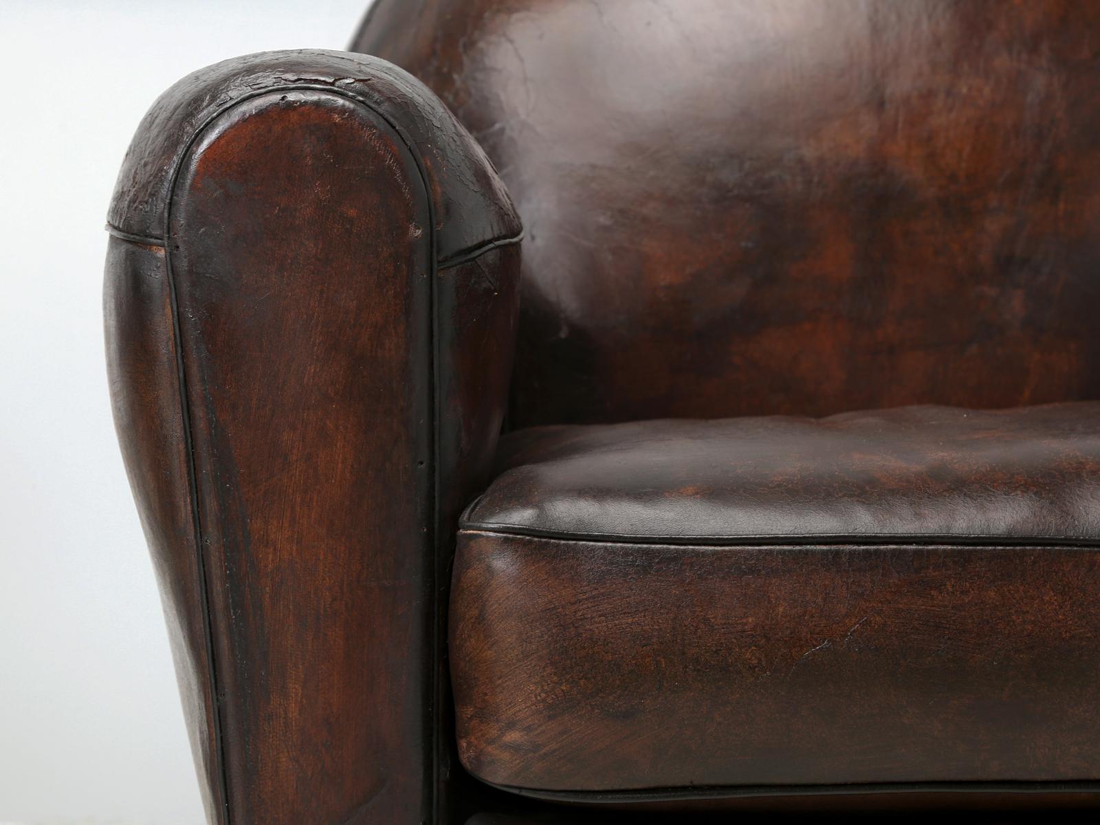 Pair of Leather French Club Chairs Completely Restored, Original Leather 6
