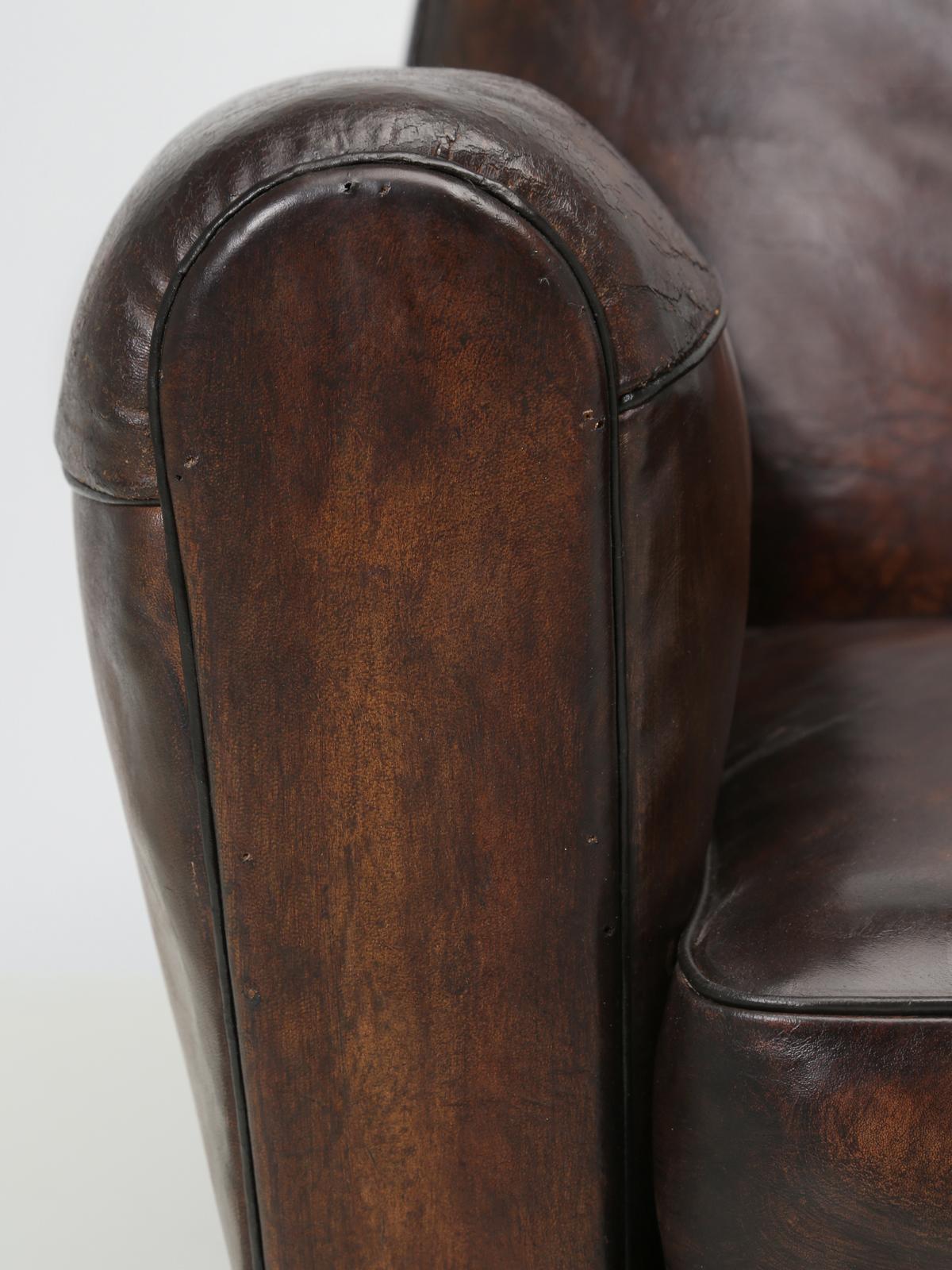 Pair of Leather French Club Chairs Completely Restored, Original Leather 8
