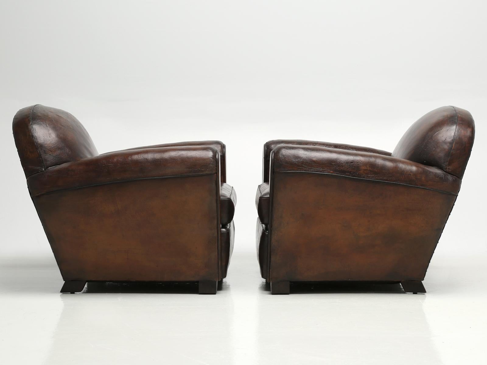 Pair of Leather French Club Chairs Completely Restored, Original Leather 11