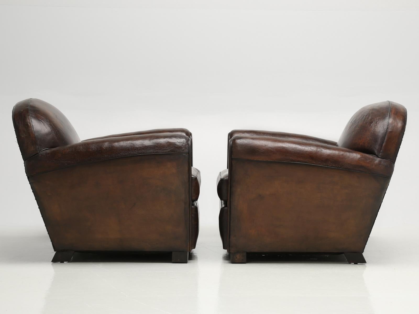 Pair of Leather French Club Chairs Completely Restored, Original Leather 12