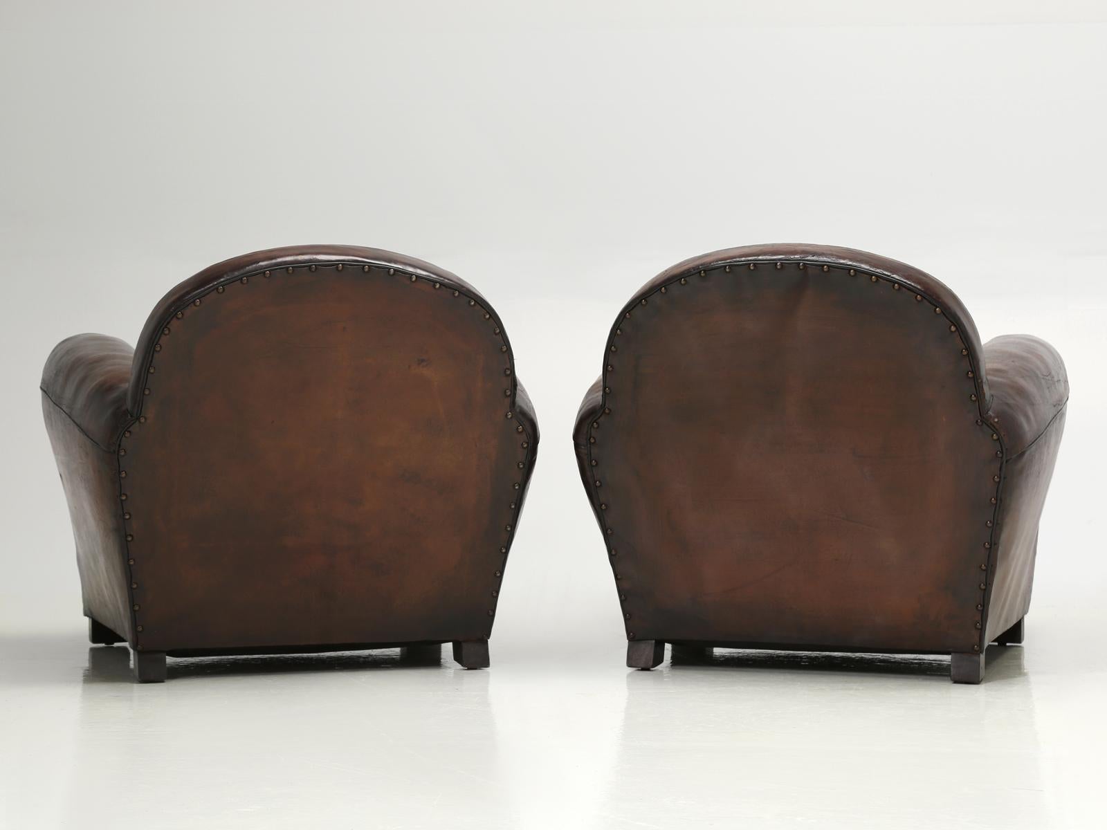 Pair of Leather French Club Chairs Completely Restored, Original Leather 13