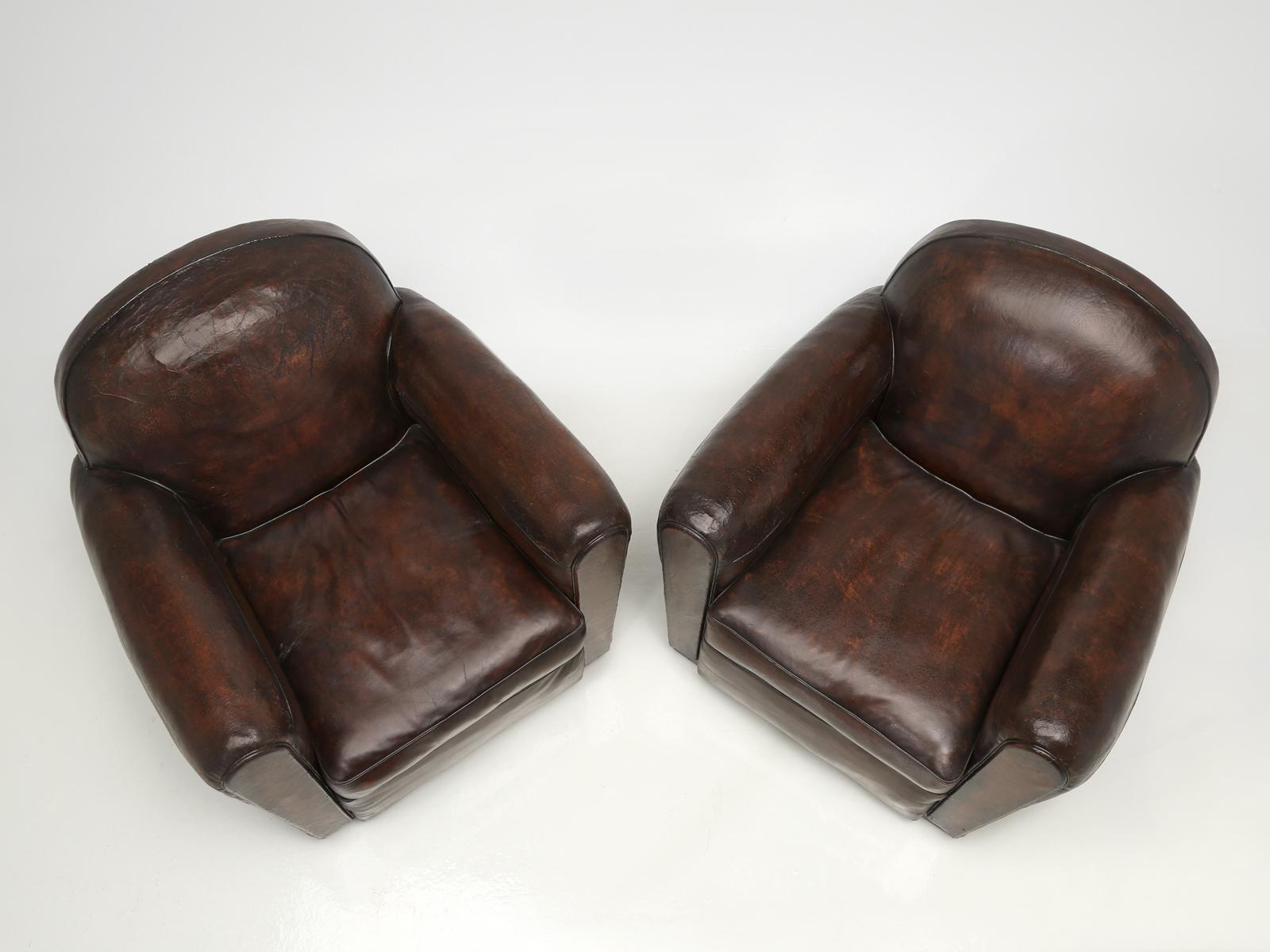Art Deco Pair of Leather French Club Chairs Completely Restored, Original Leather