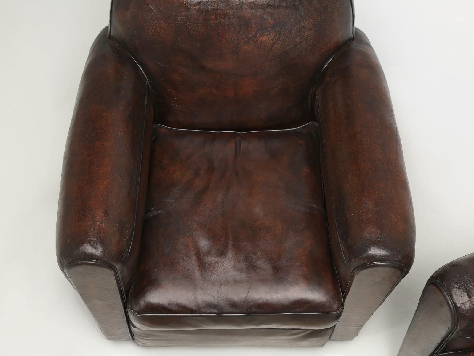 Hand-Crafted Pair of Leather French Club Chairs Completely Restored, Original Leather