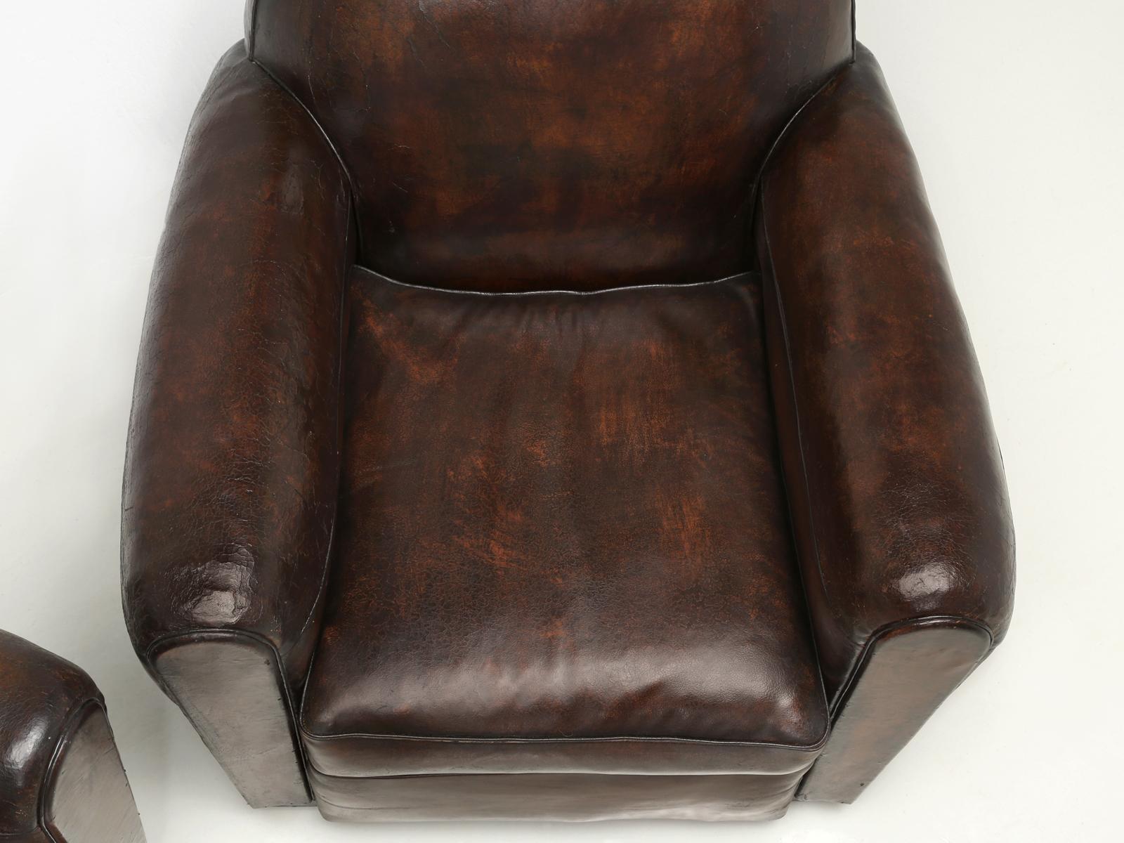Pair of Leather French Club Chairs Completely Restored, Original Leather In Good Condition In Chicago, IL