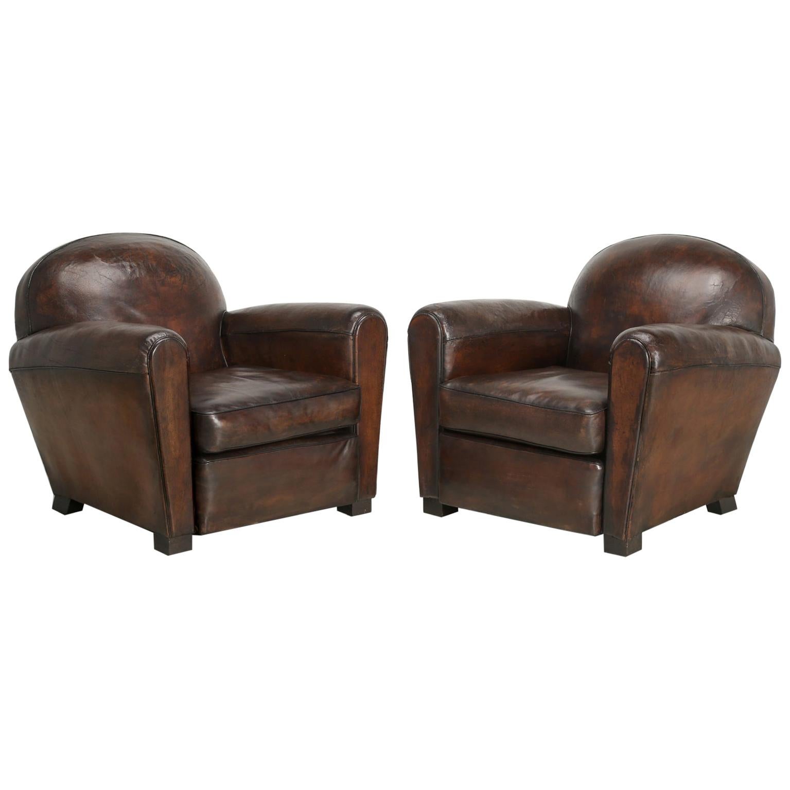 Pair of Leather French Club Chairs Completely Restored, Original Leather