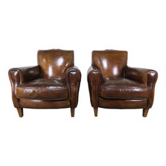 Vintage Pair of French Leather Deco Armchairs, circa 1930