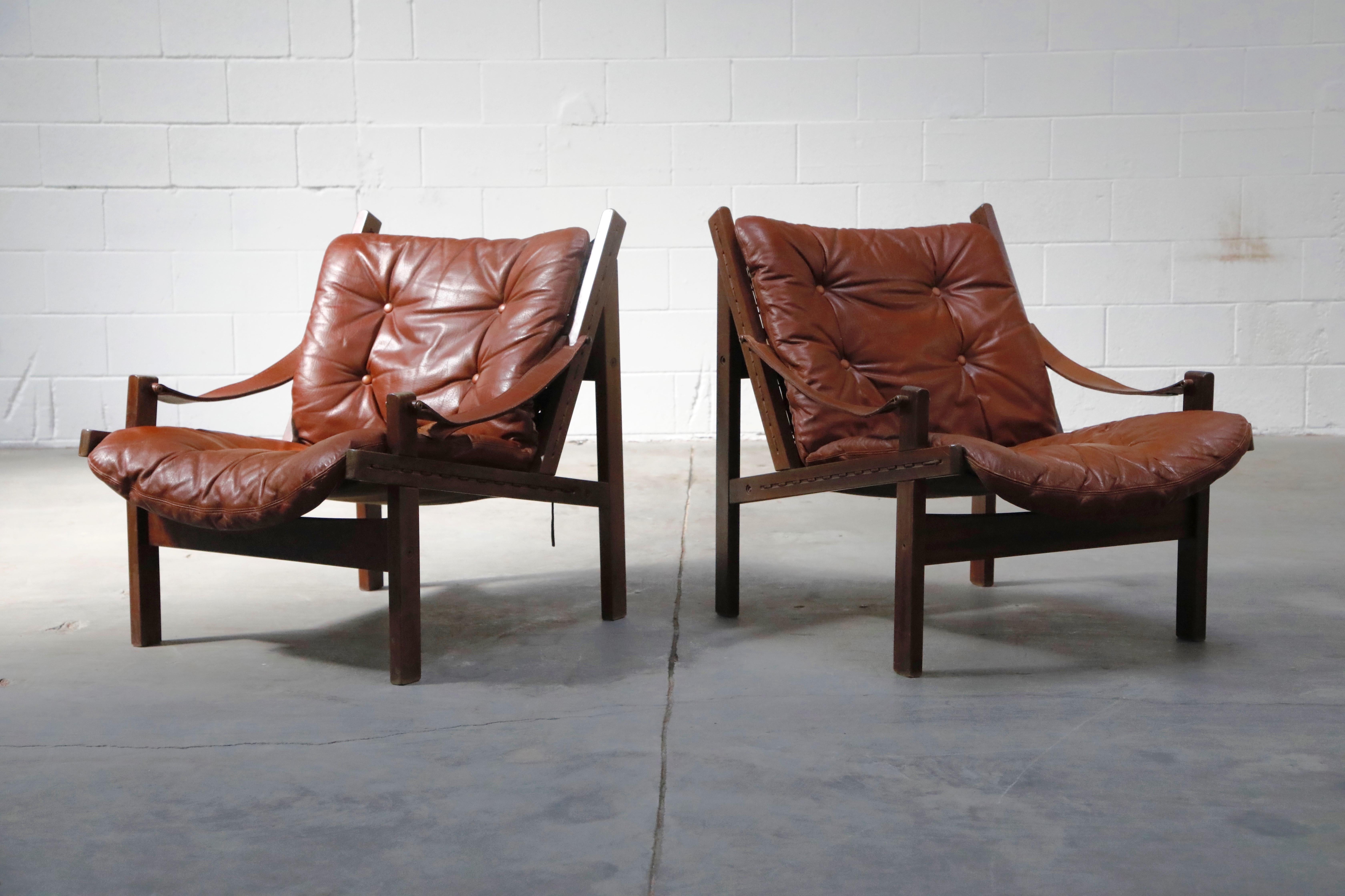 Scandinavian Modern Pair of Leather 'Hunter' Safari Chairs by Torbjørn Afdal for Bruksbo, 1960s