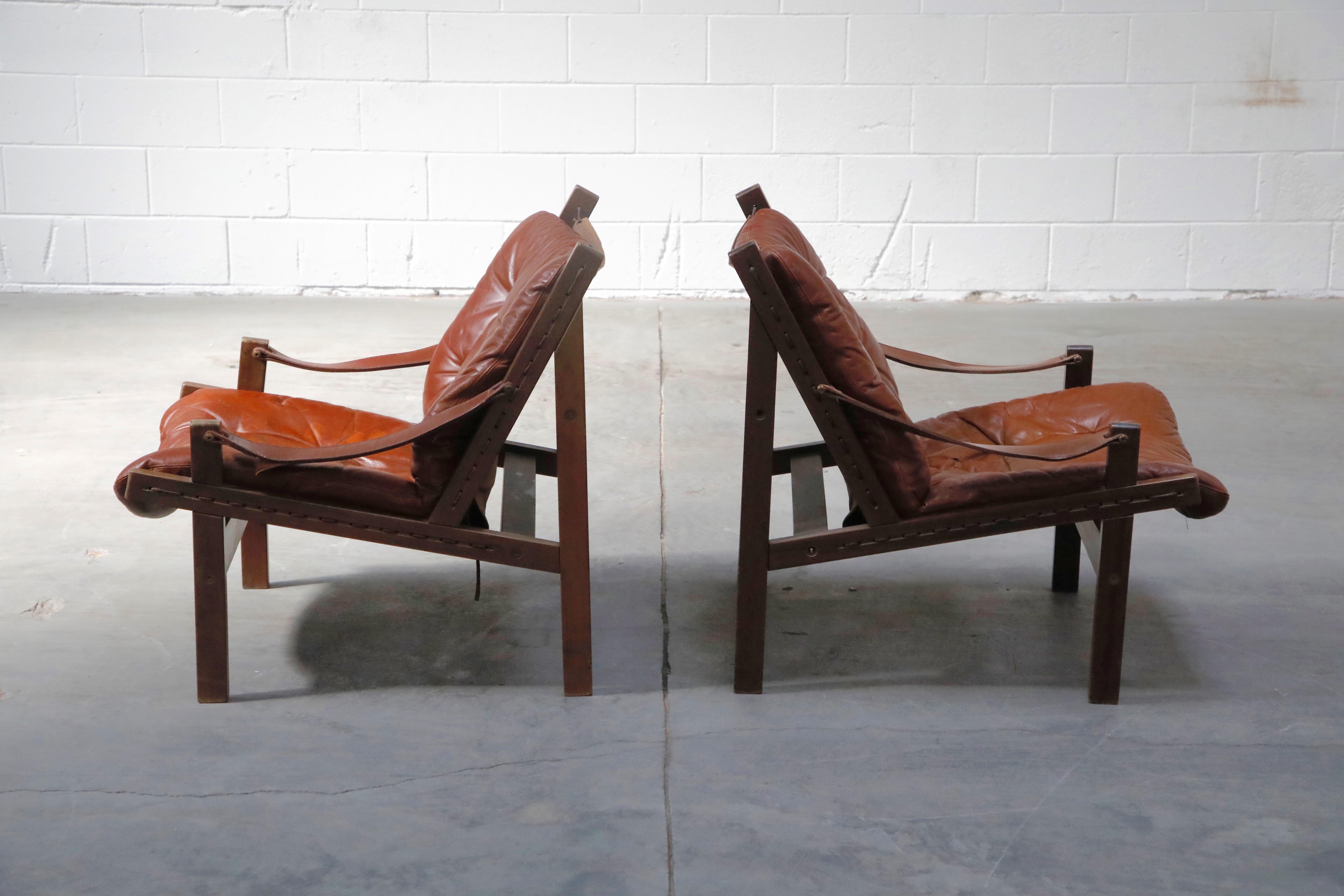 Pair of Leather 'Hunter' Safari Chairs by Torbjørn Afdal for Bruksbo, 1960s In Good Condition In Los Angeles, CA