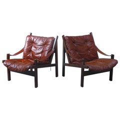 Pair of Leather 'Hunter' Safari Chairs by Torbjørn Afdal for Bruksbo, 1960s
