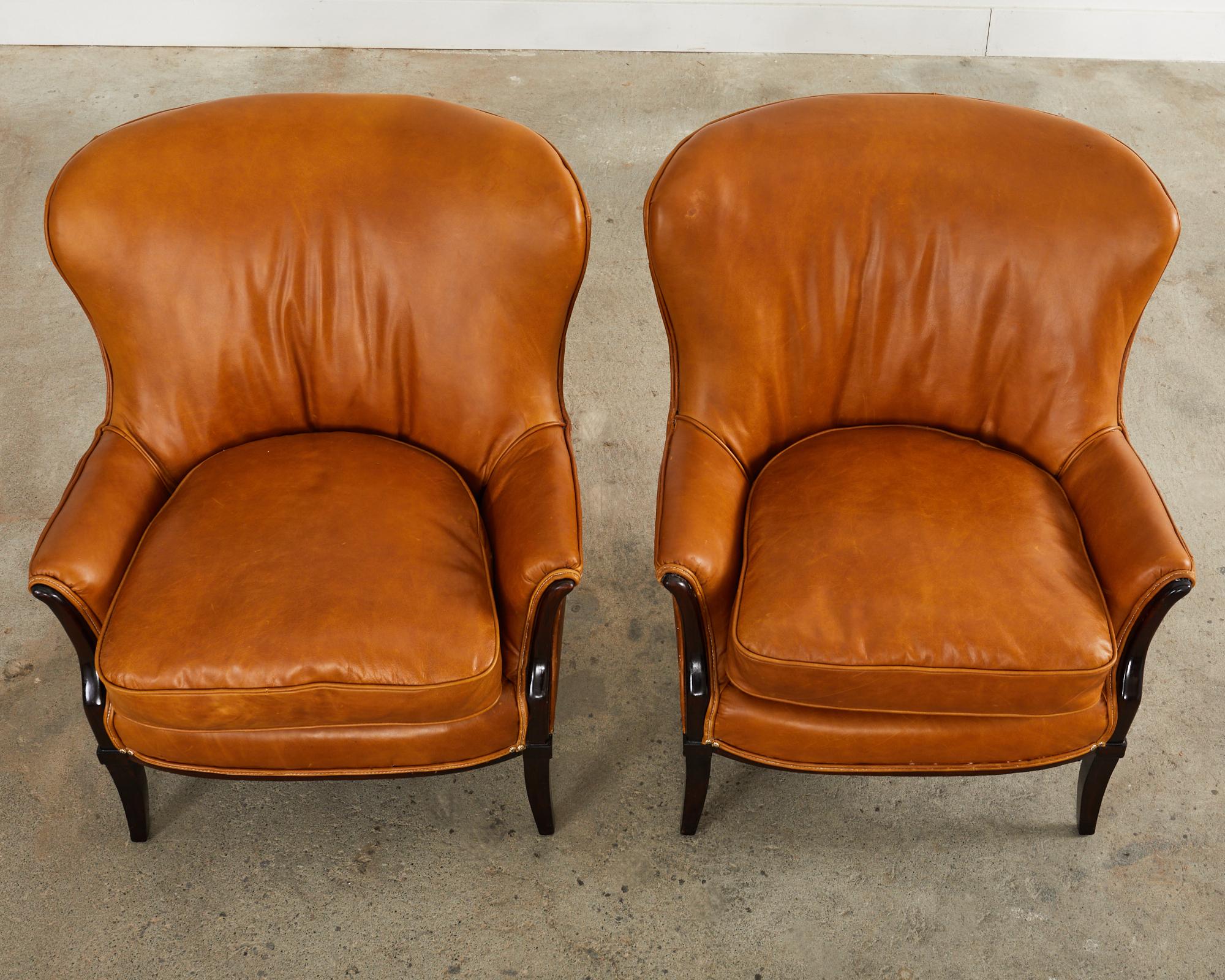 Country Pair of Leather Italian Butterfly Wingback Lounge Chairs