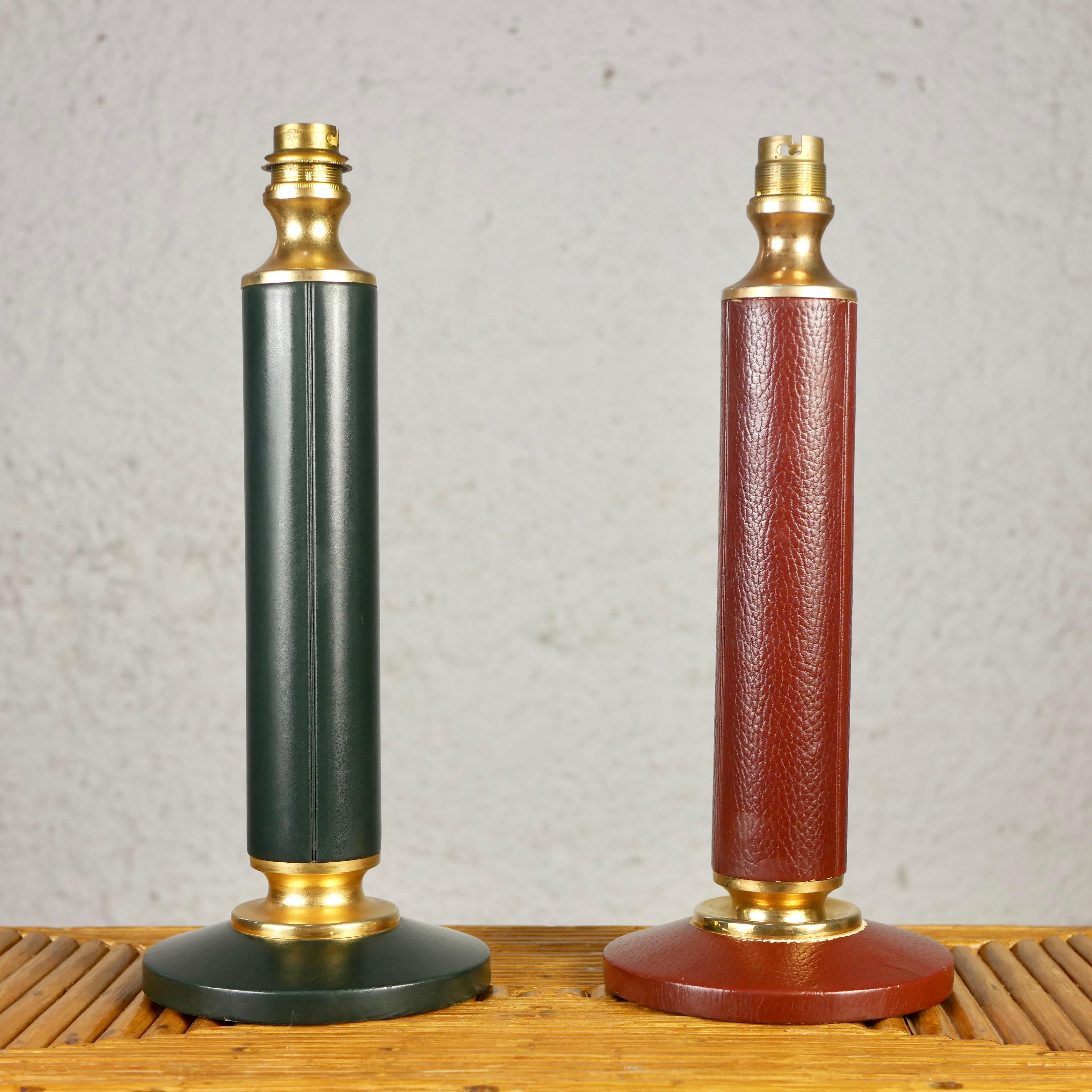 Art Deco Pair of leather lamp bases in the style of Jacques Adnet, France, 1940-1950 For Sale